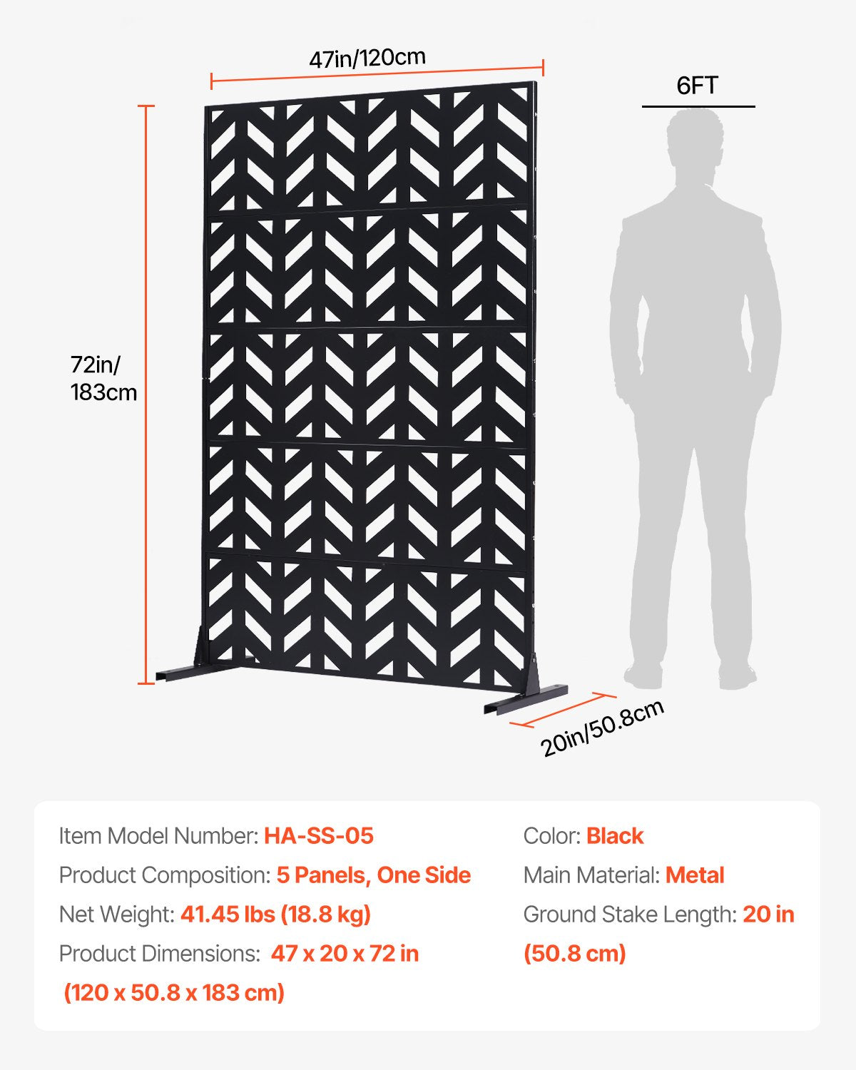 VEVOR Metal Privacy Screen, 47" W x 72" H, Outdoor Privacy Screens 5-Panel, Freestanding Outdoor Divider with Stand, Decorative Garden Steel Privacy Fence for Balcony Patio Indoor Room Black