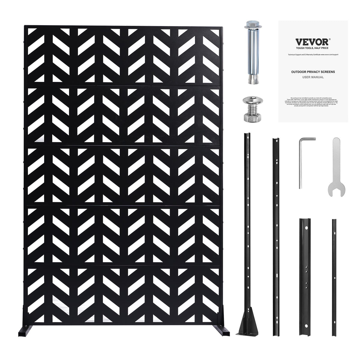 VEVOR Metal Privacy Screen, 47" W x 72" H, Outdoor Privacy Screens 5-Panel, Freestanding Outdoor Divider with Stand, Decorative Garden Steel Privacy Fence for Balcony Patio Indoor Room Black