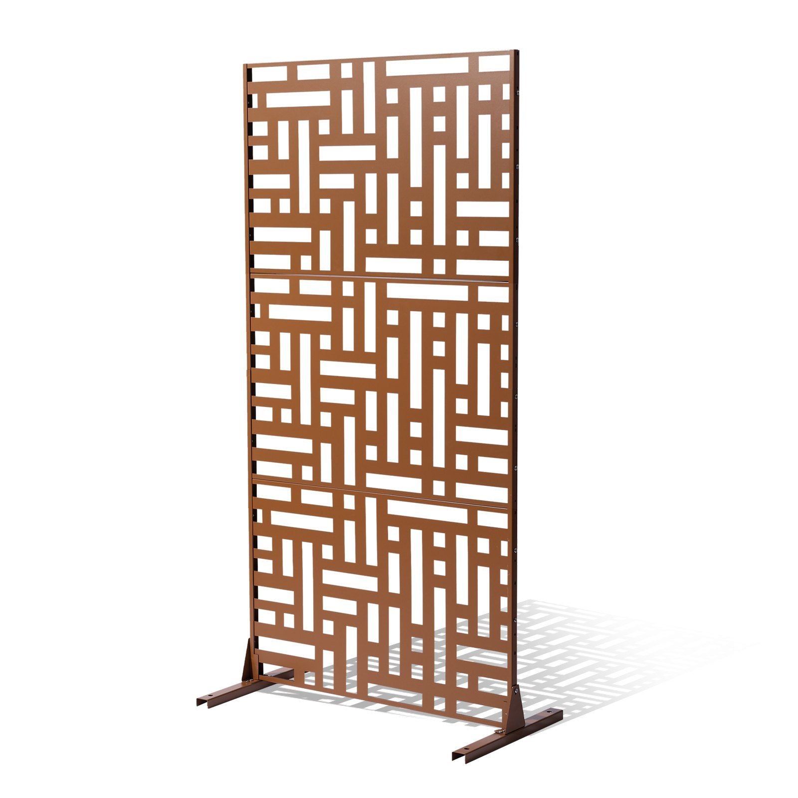 Metal Privacy Screen, 120 x 193cm, Outdoor Privacy Screens 3-Panel, Freestanding Outdoor Divider with Stand, Decorative Garden Steel Privacy Fence for Balcony Patio Indoor Room Hot Tub Brown