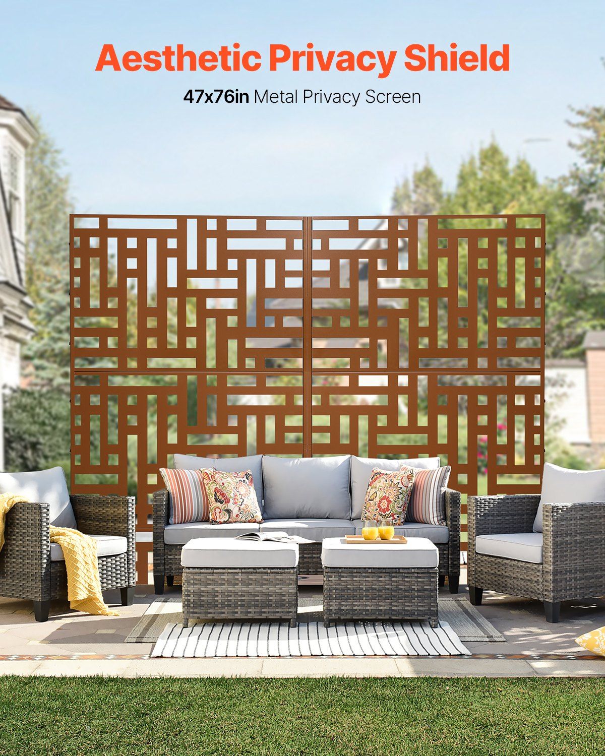 Metal Privacy Screen, 120 x 193cm, Outdoor Privacy Screens 3-Panel, Freestanding Outdoor Divider with Stand, Decorative Garden Steel Privacy Fence for Balcony Patio Indoor Room Hot Tub Brown