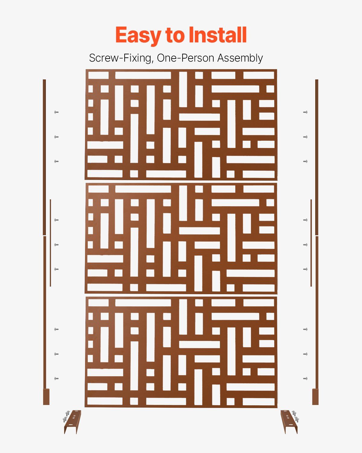Metal Privacy Screen, 120 x 193cm, Outdoor Privacy Screens 3-Panel, Freestanding Outdoor Divider with Stand, Decorative Garden Steel Privacy Fence for Balcony Patio Indoor Room Hot Tub Brown