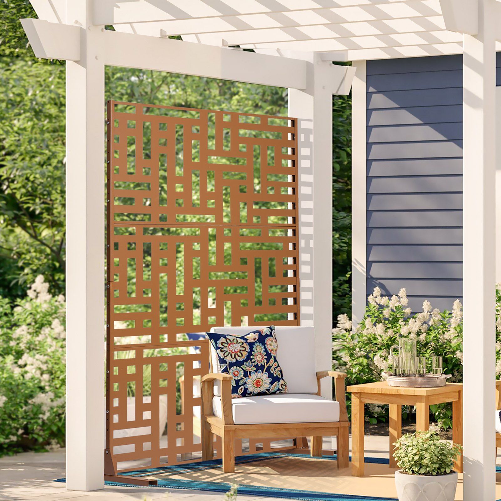 Metal Privacy Screen, 120 x 193cm, Outdoor Privacy Screens 3-Panel, Freestanding Outdoor Divider with Stand, Decorative Garden Steel Privacy Fence for Balcony Patio Indoor Room Hot Tub Brown