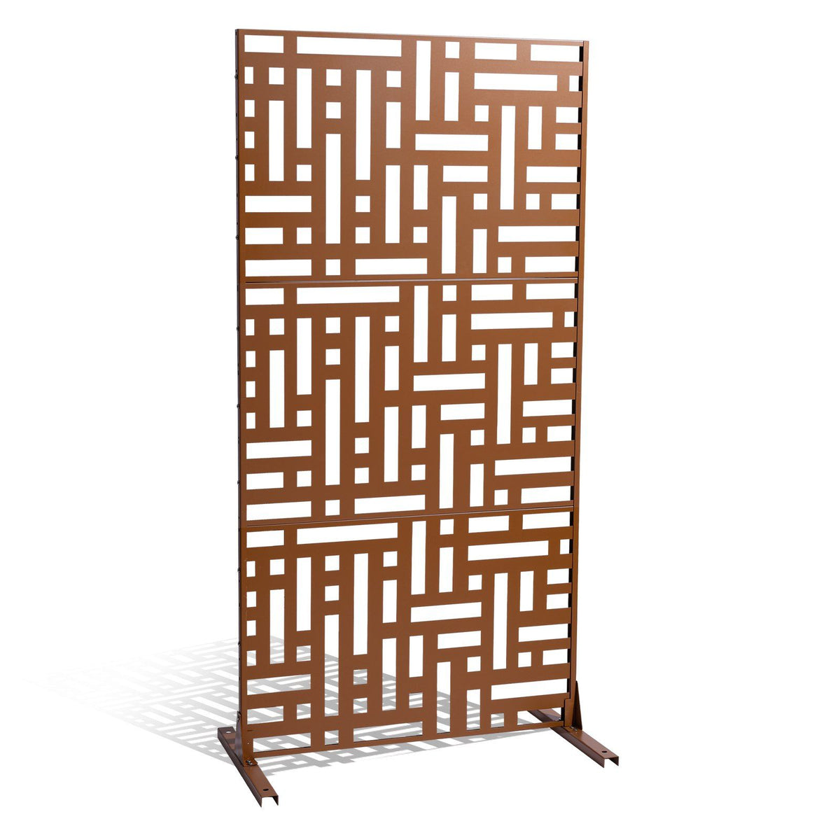 Metal Privacy Screen, 120 x 193cm, Outdoor Privacy Screens 3-Panel, Freestanding Outdoor Divider with Stand, Decorative Garden Steel Privacy Fence for Balcony Patio Indoor Room Hot Tub Brown