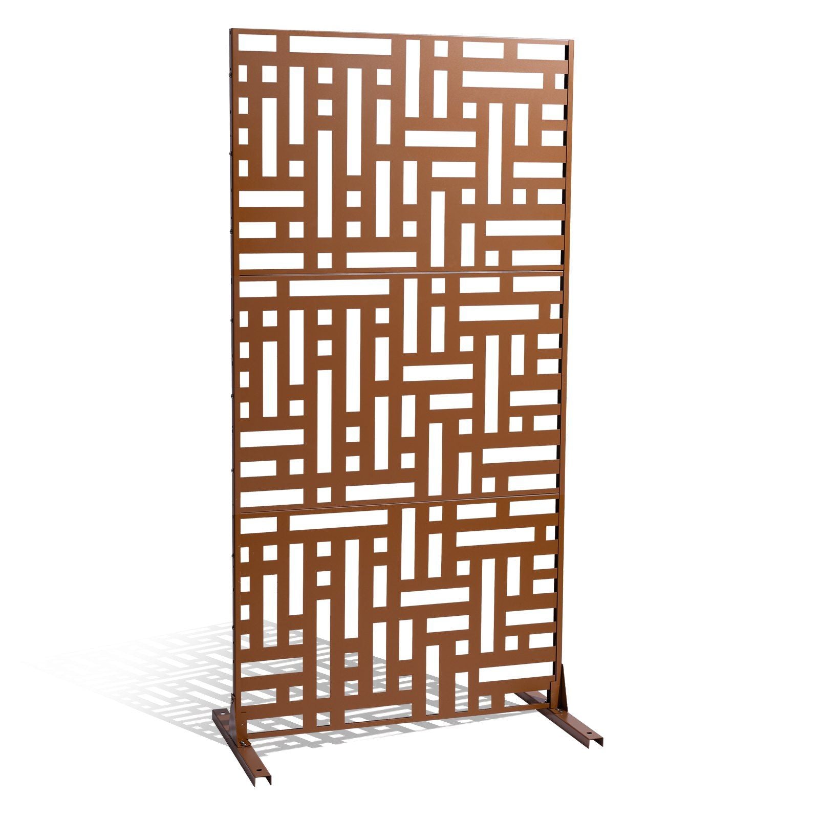 Metal Privacy Screen, 120 x 193cm, Outdoor Privacy Screens 3-Panel, Freestanding Outdoor Divider with Stand, Decorative Garden Steel Privacy Fence for Balcony Patio Indoor Room Hot Tub Brown
