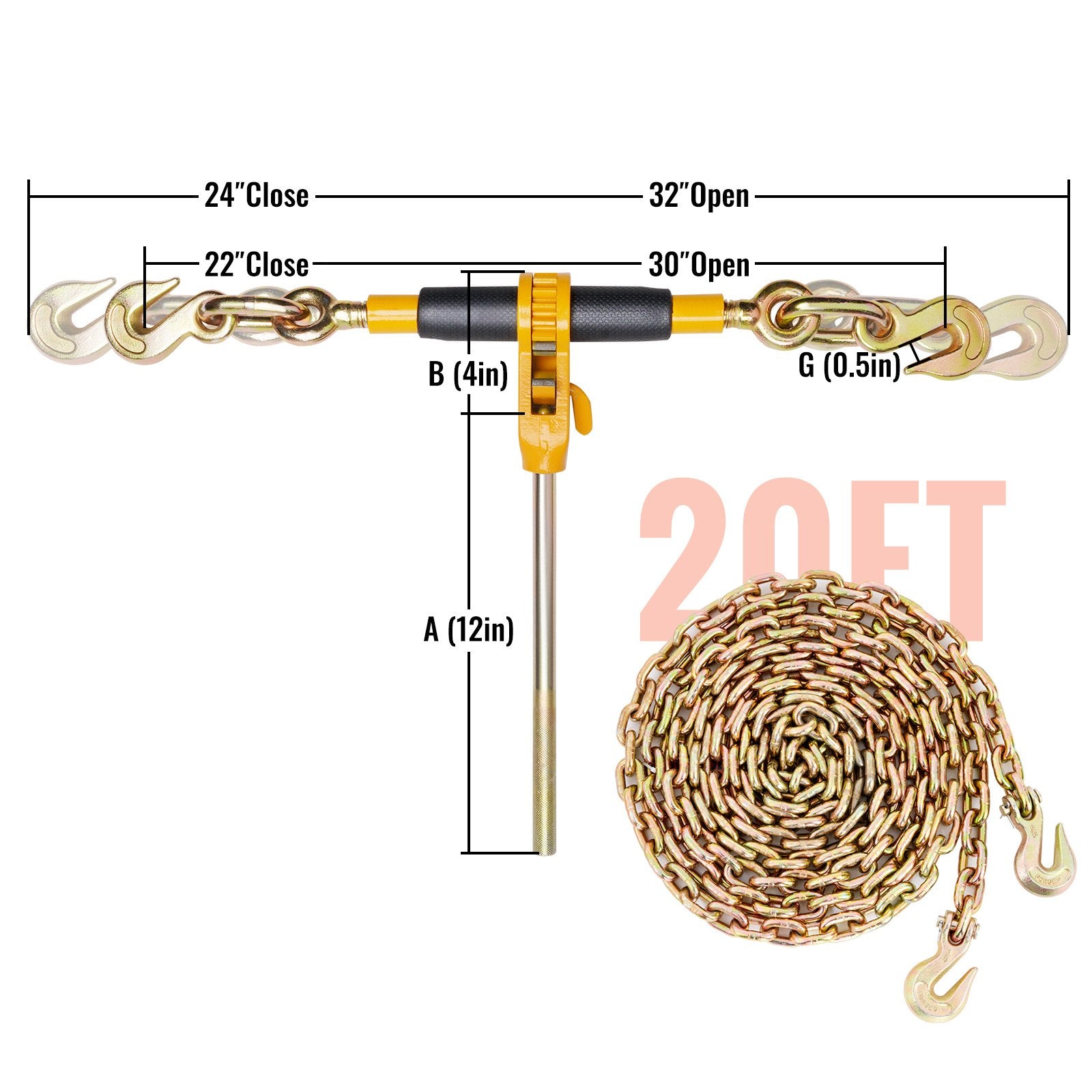 VEVOR Ratchet Chain Binder, 5/16"-3/8" Heavy Duty Load Binders with G80 Chains, 7100 lbs Secure Load Limit, Labor-saving Anti-skid Handle, Tie Down Hauling Chain Binders for Flatbed Truck Trailer, 2 P