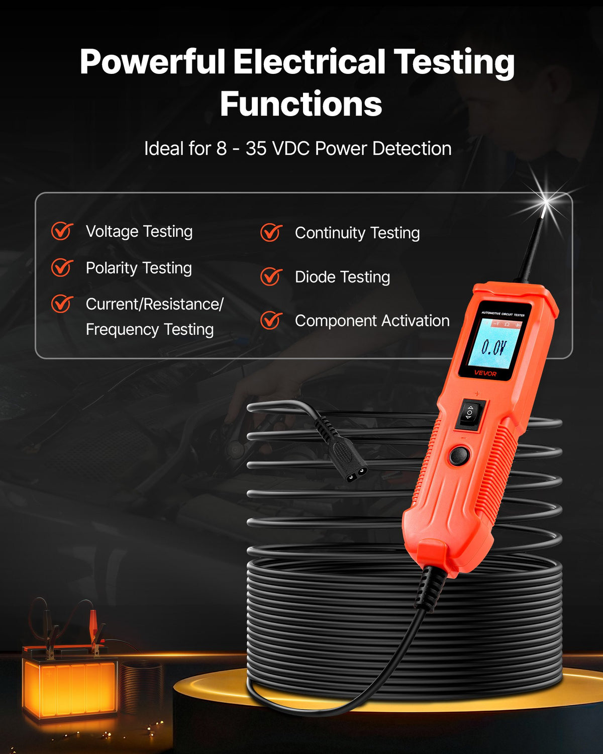 VEVOR Automotive Circuit Tester, 8 - 35 DCV Power Circuit Probe Tester with TFT Color Display and Lighting, Automotive Power Tester Probe with 13 ft / 4 m Cable, ABS Shell Electrical Detector Finder