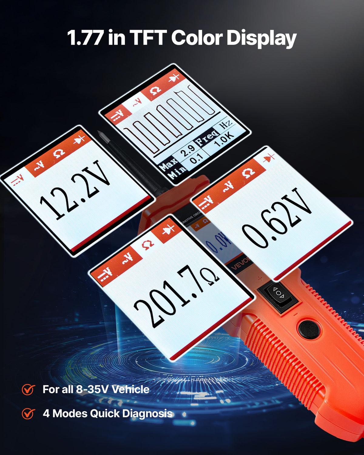 VEVOR Automotive Circuit Tester, 8 - 35 DCV Power Circuit Probe Tester with TFT Color Display and Lighting, Automotive Power Tester Probe with 13 ft / 4 m Cable, ABS Shell Electrical Detector Finder