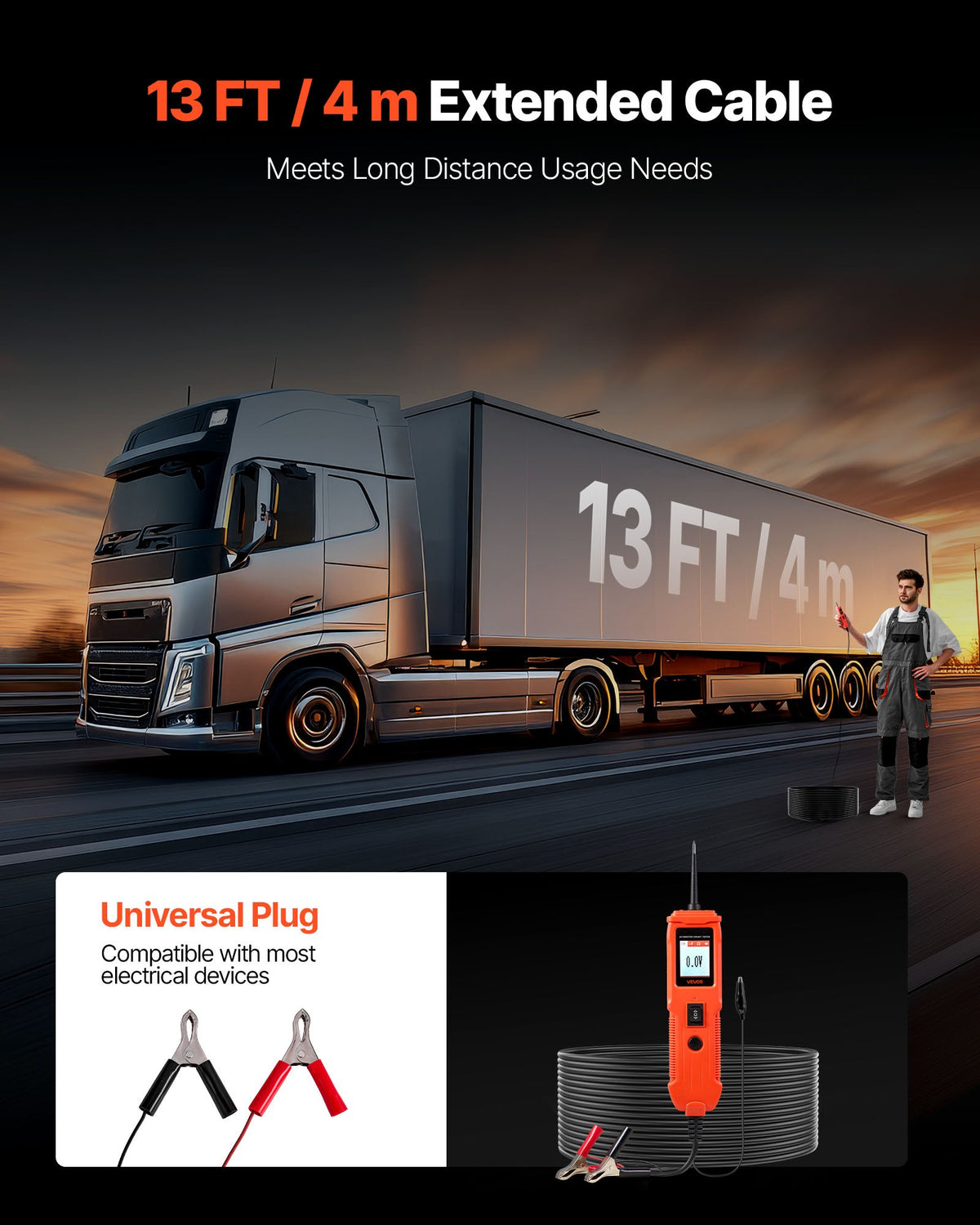 VEVOR Automotive Circuit Tester, 8 - 35 DCV Power Circuit Probe Tester with TFT Color Display and Lighting, Automotive Power Tester Probe with 13 ft / 4 m Cable, ABS Shell Electrical Detector Finder