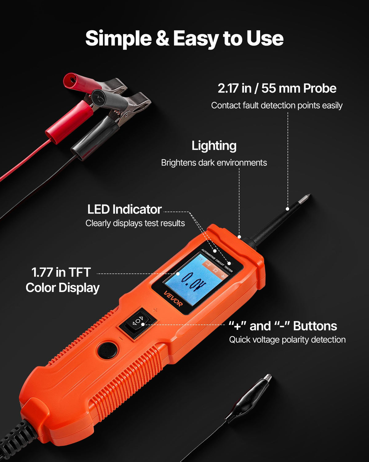 VEVOR Automotive Circuit Tester, 8 - 35 DCV Power Circuit Probe Tester with TFT Color Display and Lighting, Automotive Power Tester Probe with 13 ft / 4 m Cable, ABS Shell Electrical Detector Finder