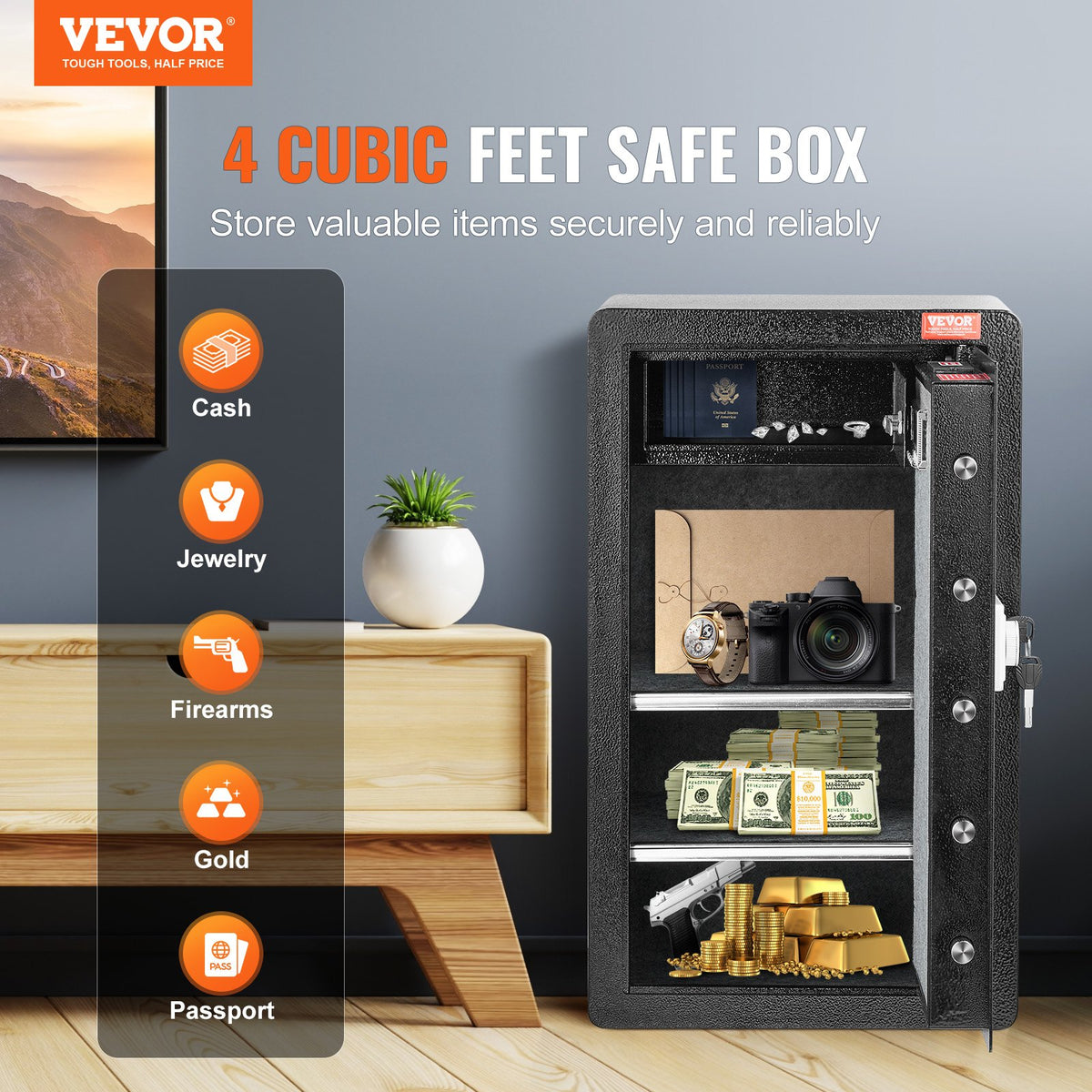 VEVOR Single Door 4.0 cu.ft Safe Box with Key Lock & Password, Safe Lock Box with Fireproof Bag, Key Rack, LED Light, 2 Shelves, and 1 Cabinet for Money, Documents, Jewelry, and Valuables, Black