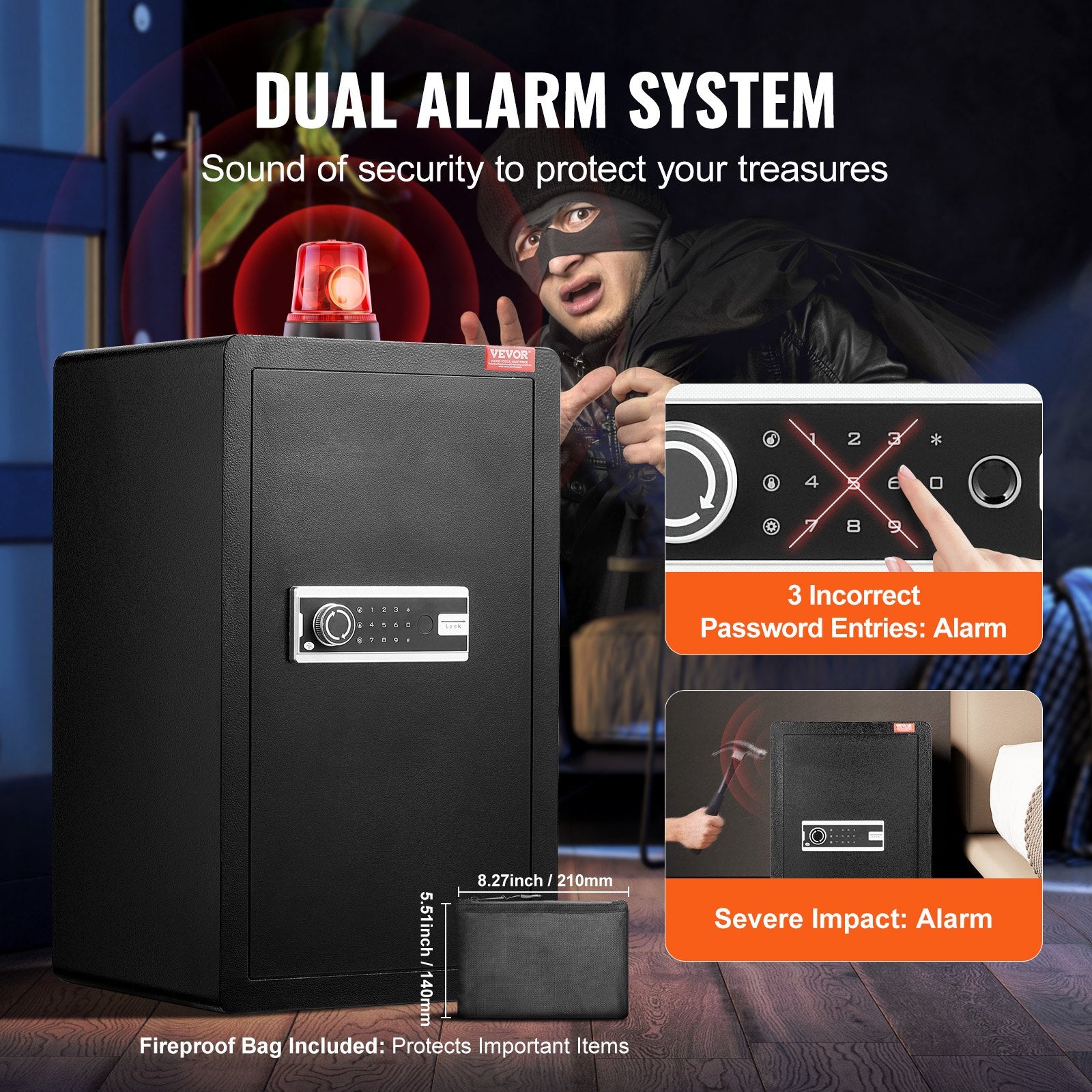 VEVOR Single Door 4.0 cu.ft Safe Box with Key Lock & Password, Safe Lock Box with Fireproof Bag, Key Rack, LED Light, 2 Shelves, and 1 Cabinet for Money, Documents, Jewelry, and Valuables, Black