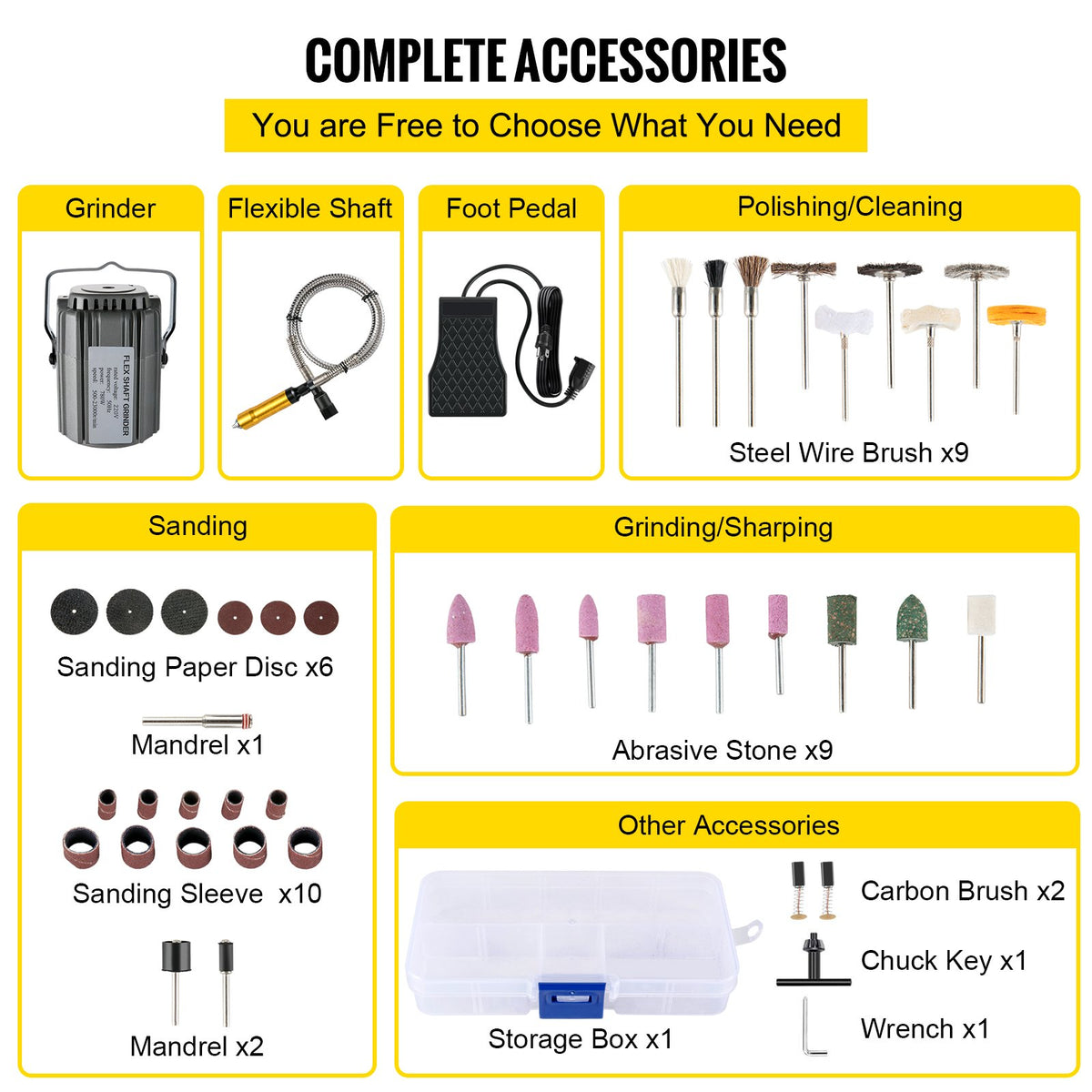 VEVOR Flex Shaft Grinder Rotary Tool 780W 6.5mm Chuck w/ Foot Pedal 45 Accessory