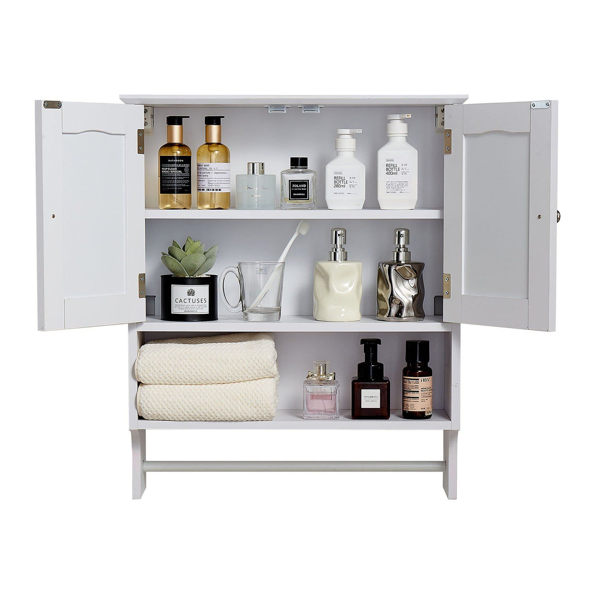 Bathroom Wall Cabinet, 2 Doors and Adjustable Shelf, Over the Toilet Storage Medicine Cabinet Wall Mounted, Hanging Organizer with Open Partition and Towel Bar for Laundry Room Kitchen, White