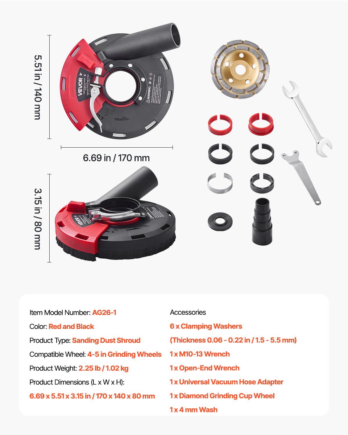 Grinding Dust Shroud for Angle Grinder, Universal 100-125mm, Surface Grinder Dust Shroud with 6 Clamping Washers & 125 mm Diamond Grinding Cup Wheel, Connect to Vacuum Cleaner, for Wood Concrete