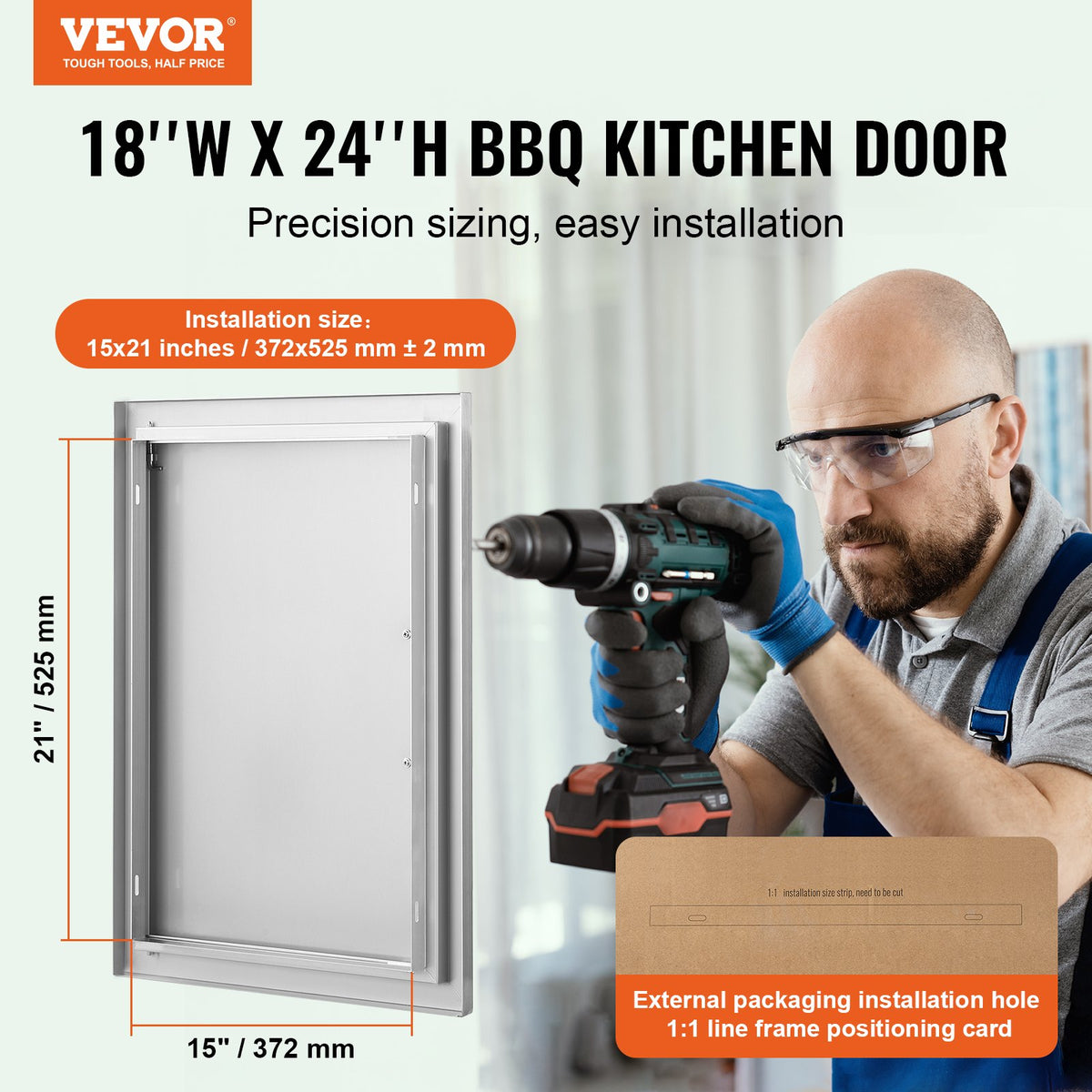 VEVOR BBQ Access Door, 457x610 mm Single Outdoor Kitchen Door, Stainless Steel Flush Mount Door, Wall Vertical Door with Handle, for BBQ Island, Grilling Station, Outside Cabinet