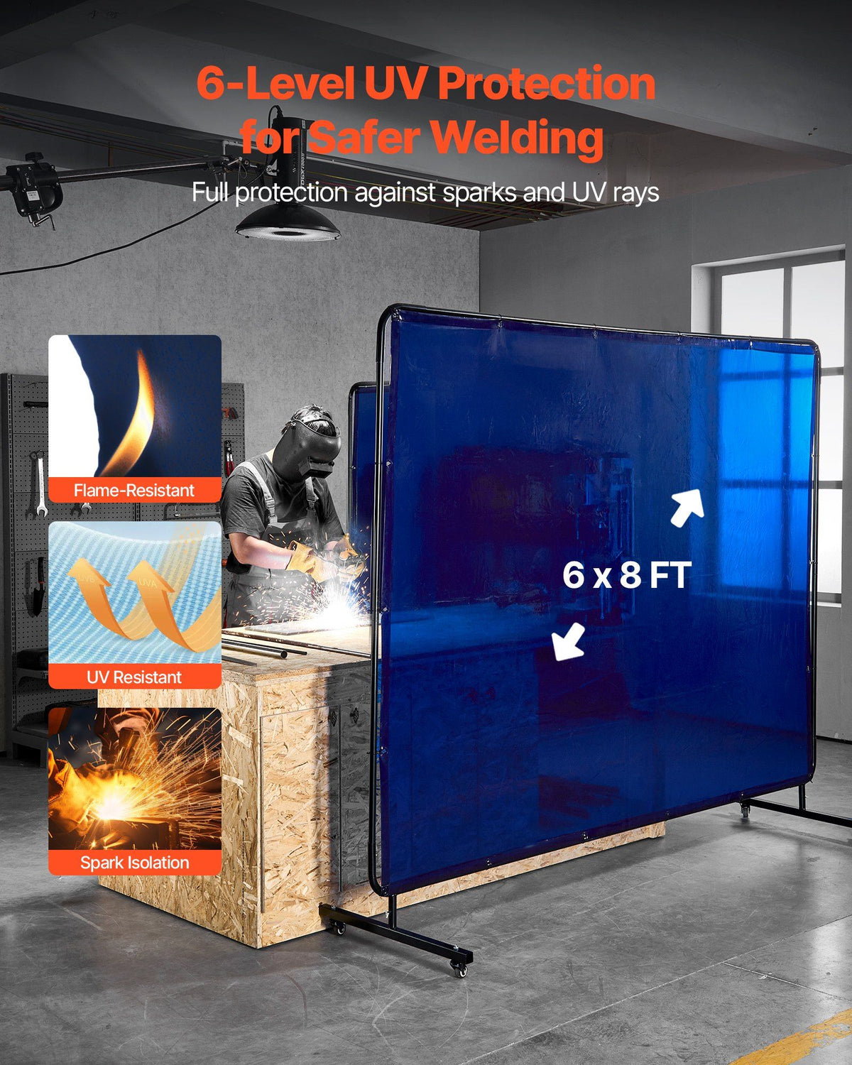 Welding Screen with Frame, 1.74 x 2.34m Welding Curtain Screen, Flame-Resistant Vinyl Protection Screens with Lockable Swivel Wheels & 6-Level UV Protection for Workshop/Industrial Use, Blue