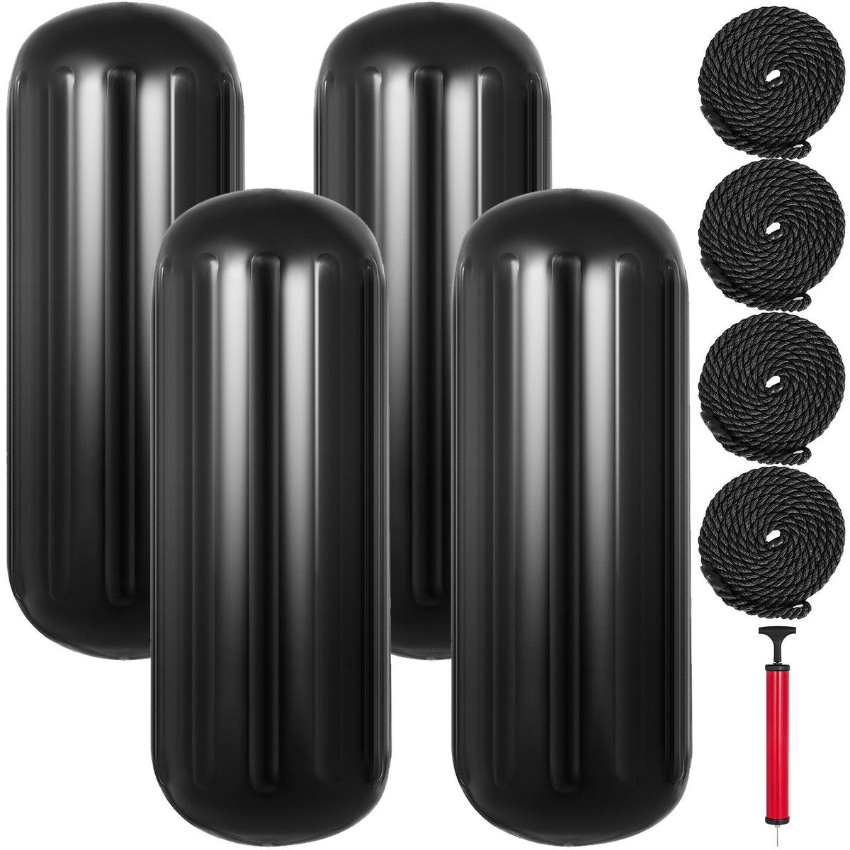 VEVOR Boat Fenders, 10&quot; x 28&quot; Ribbed Fender, 4 Pack Boat Bumpers, Hole Through Middle Ribbed Inflatable Boat Fender with 4 Ropes, for Pontoon Boat Sailboat, Ski Boat, Black