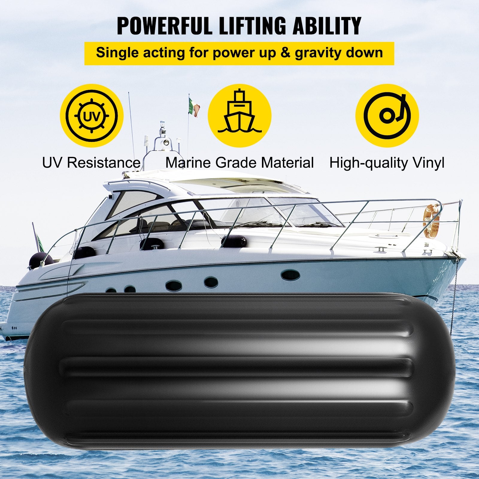 VEVOR Boat Fenders, 10" x 28" Ribbed Fender, 4 Pack Boat Bumpers, Hole Through Middle Ribbed Inflatable Boat Fender with 4 Ropes, for Pontoon Boat Sailboat, Ski Boat, Black