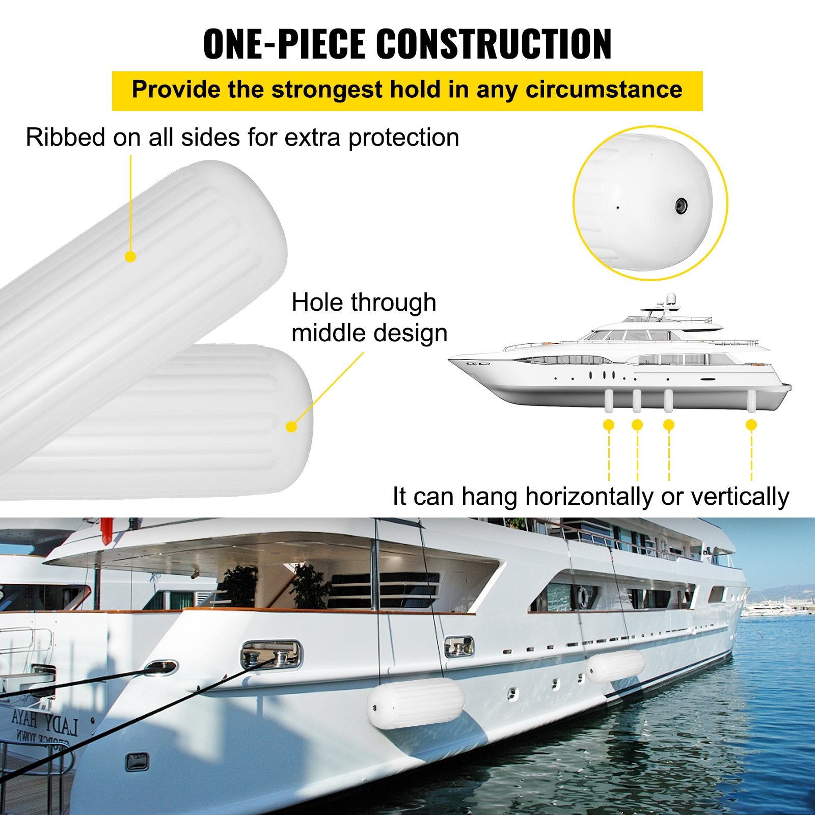 VEVOR 4 Ribbed Boat Fender 10" x 28" White Center Hole Bumper Mooring Protection