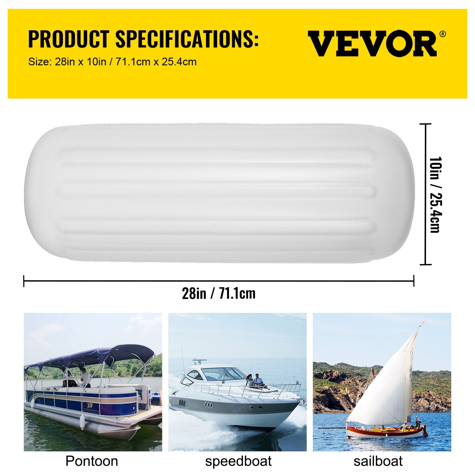 VEVOR 4 Ribbed Boat Fender 10" x 28" White Center Hole Bumper Mooring Protection