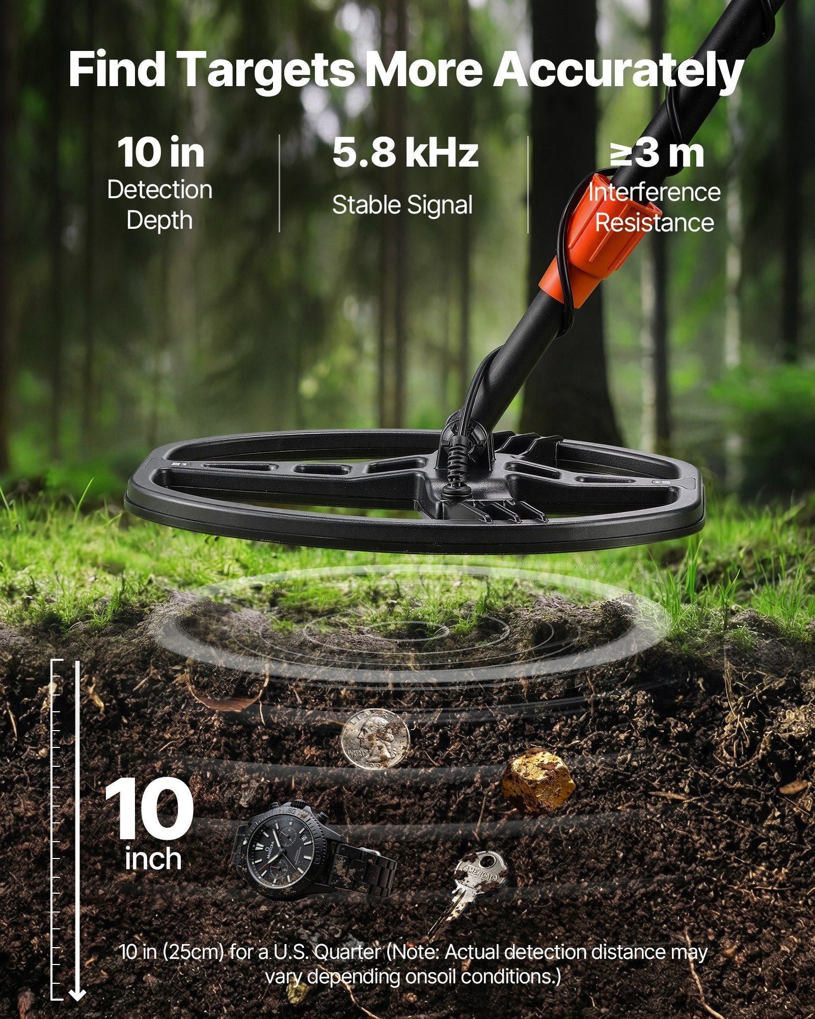 Metal Detector for Adults, 254 mm, Professional High Accuracy Gold Detector, IP68 Waterproof Search Coil with Display, Headphones, 5 Modes, Adjustable Length, for Detecting Gold Treasure Hunting