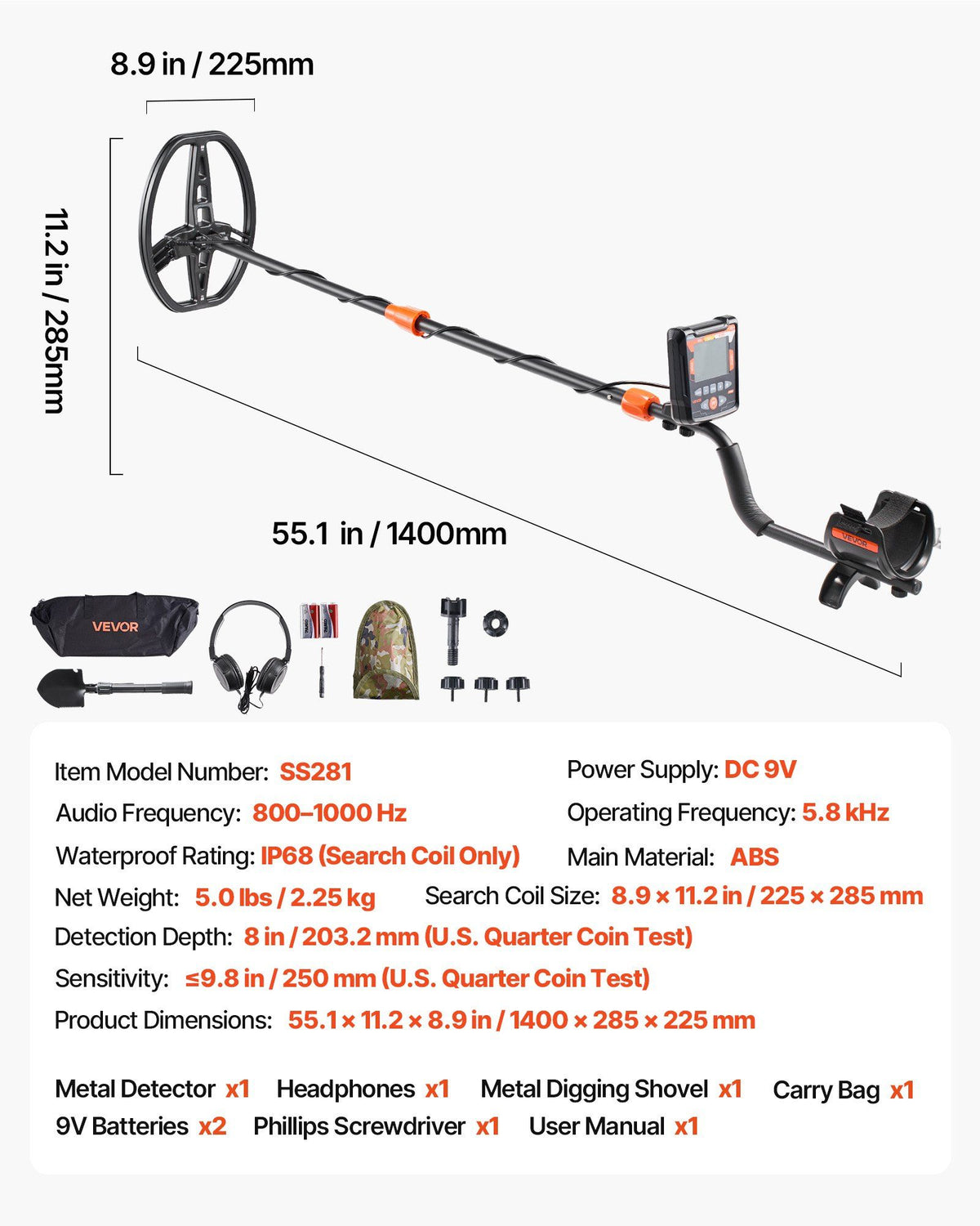 Metal Detector for Adults, 254 mm, Professional High Accuracy Gold Detector, IP68 Waterproof Search Coil with Display, Headphones, 5 Modes, Adjustable Length, for Detecting Gold Treasure Hunting