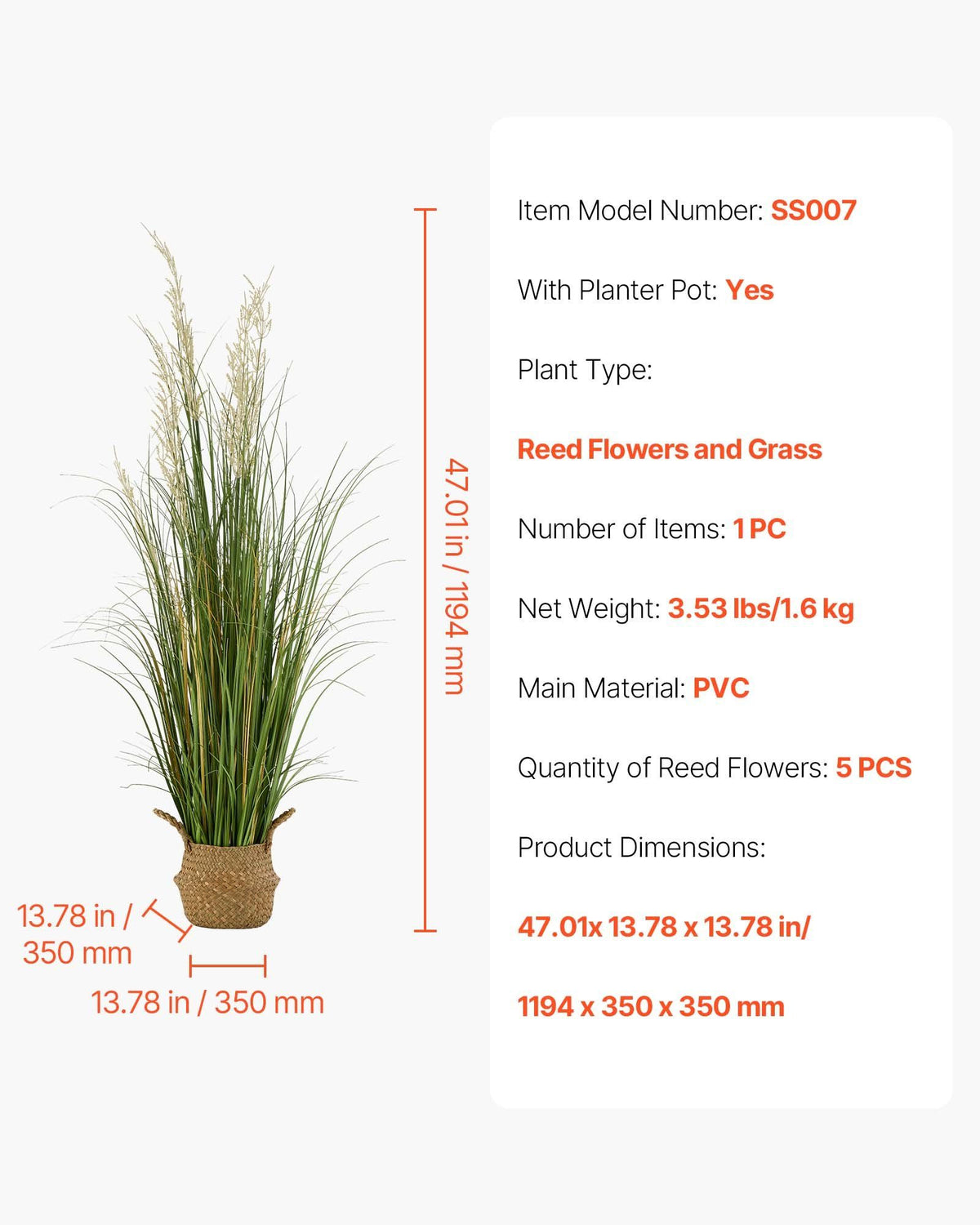 Artificial Grass Plant, 1194mm Reed Flower Grass in Pot, Premium PVC Faux Fake Greenery Shrubs Plant for Indoor Outdoor House Home Garden Office Room Décor, Housewarming, 1 Pack Green