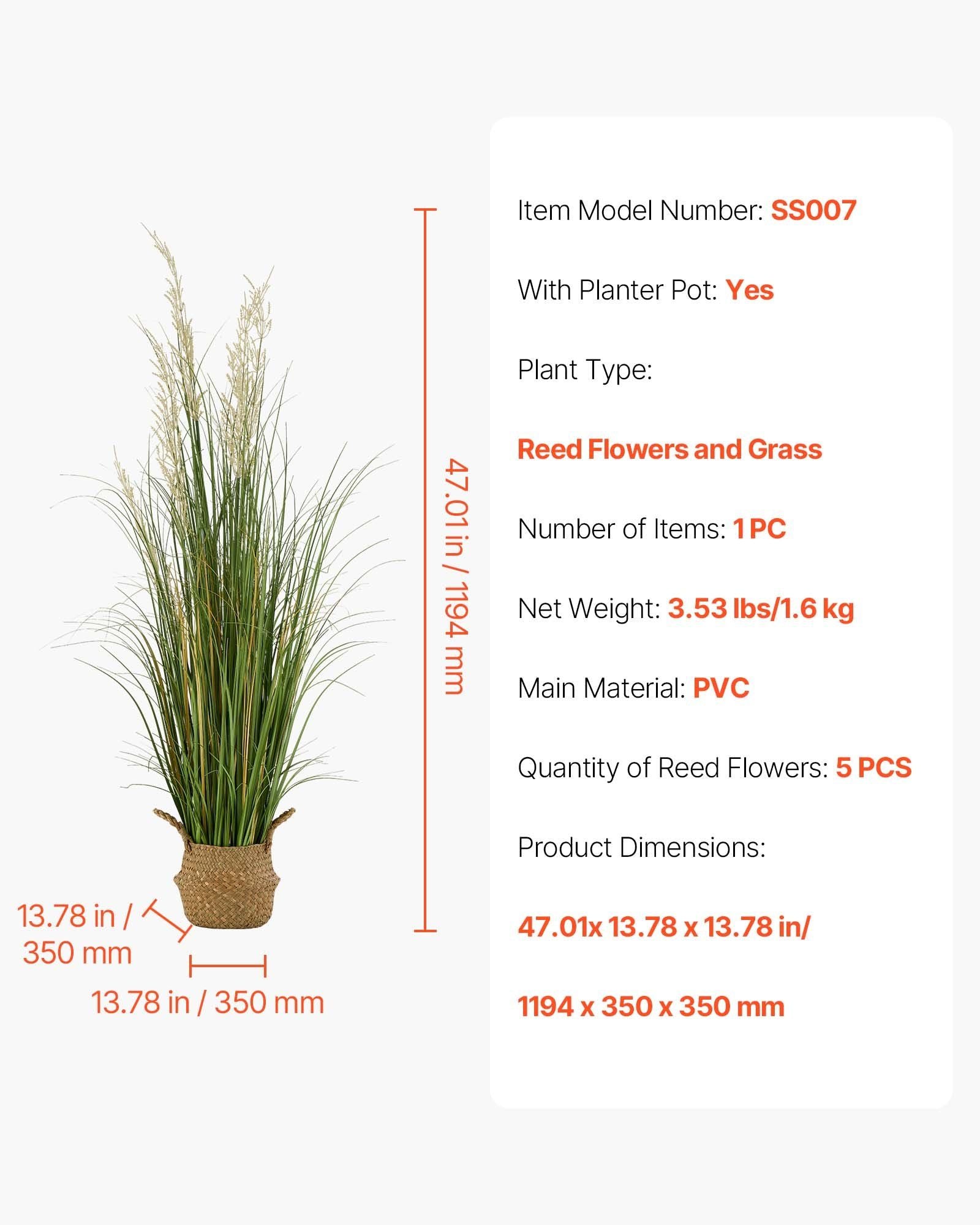 Artificial Grass Plant, 1194mm Reed Flower Grass in Pot, Premium PVC Faux Fake Greenery Shrubs Plant for Indoor Outdoor House Home Garden Office Room Décor, Housewarming, 1 Pack Green