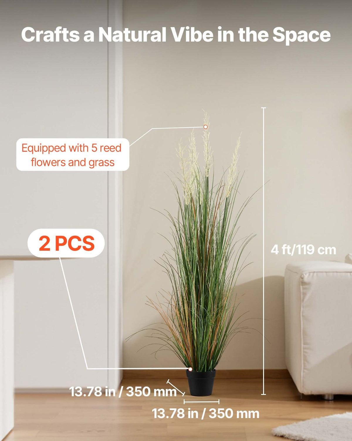 Artificial Grass Plant, 2 Pack 1194mm Reed Flower Grass in Pot, Premium PVC Faux Fake Greenery Shrubs Plant for Indoor Outdoor House Home Garden Office Room Décor, Housewarming, Green