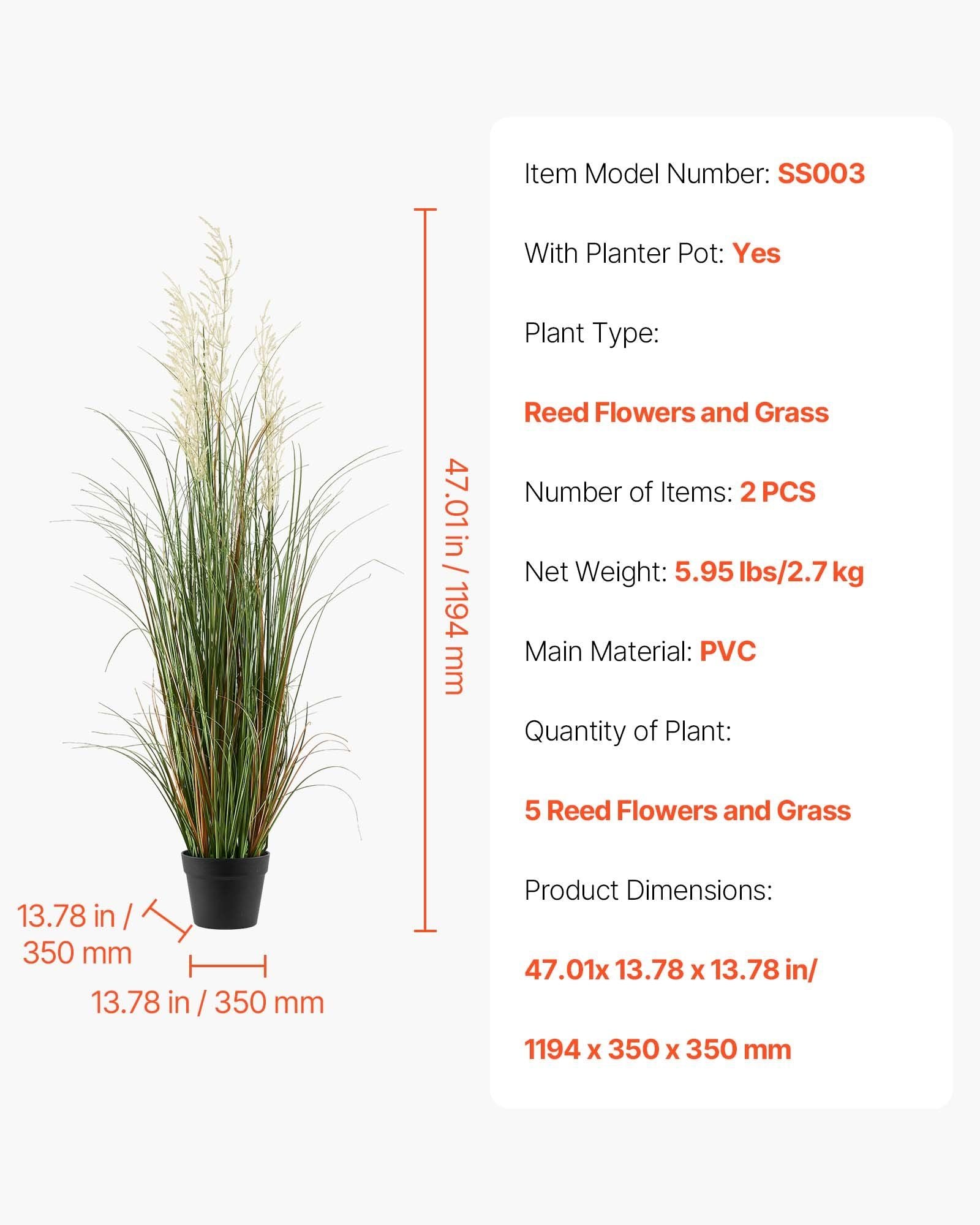 Artificial Grass Plant, 2 Pack 1194mm Reed Flower Grass in Pot, Premium PVC Faux Fake Greenery Shrubs Plant for Indoor Outdoor House Home Garden Office Room Décor, Housewarming, Green