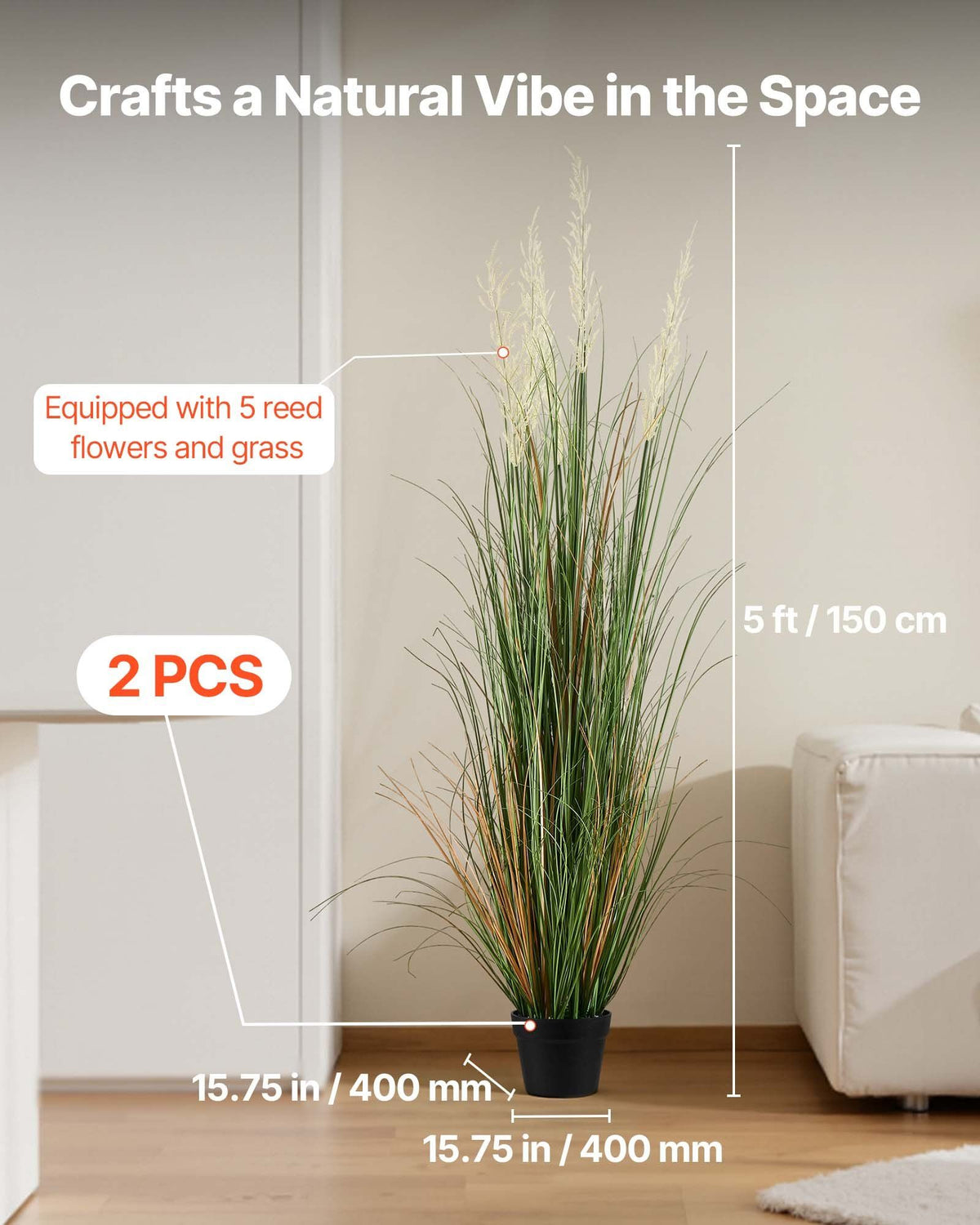 Artificial Grass Plant, 2 Pack 1499mm Faux Reed Flower Grass in Pot, Premium PVC Fake Greenery Shrubs Plant for Indoor Outdoor House Home Garden Office Room Décor, Housewarming, Green