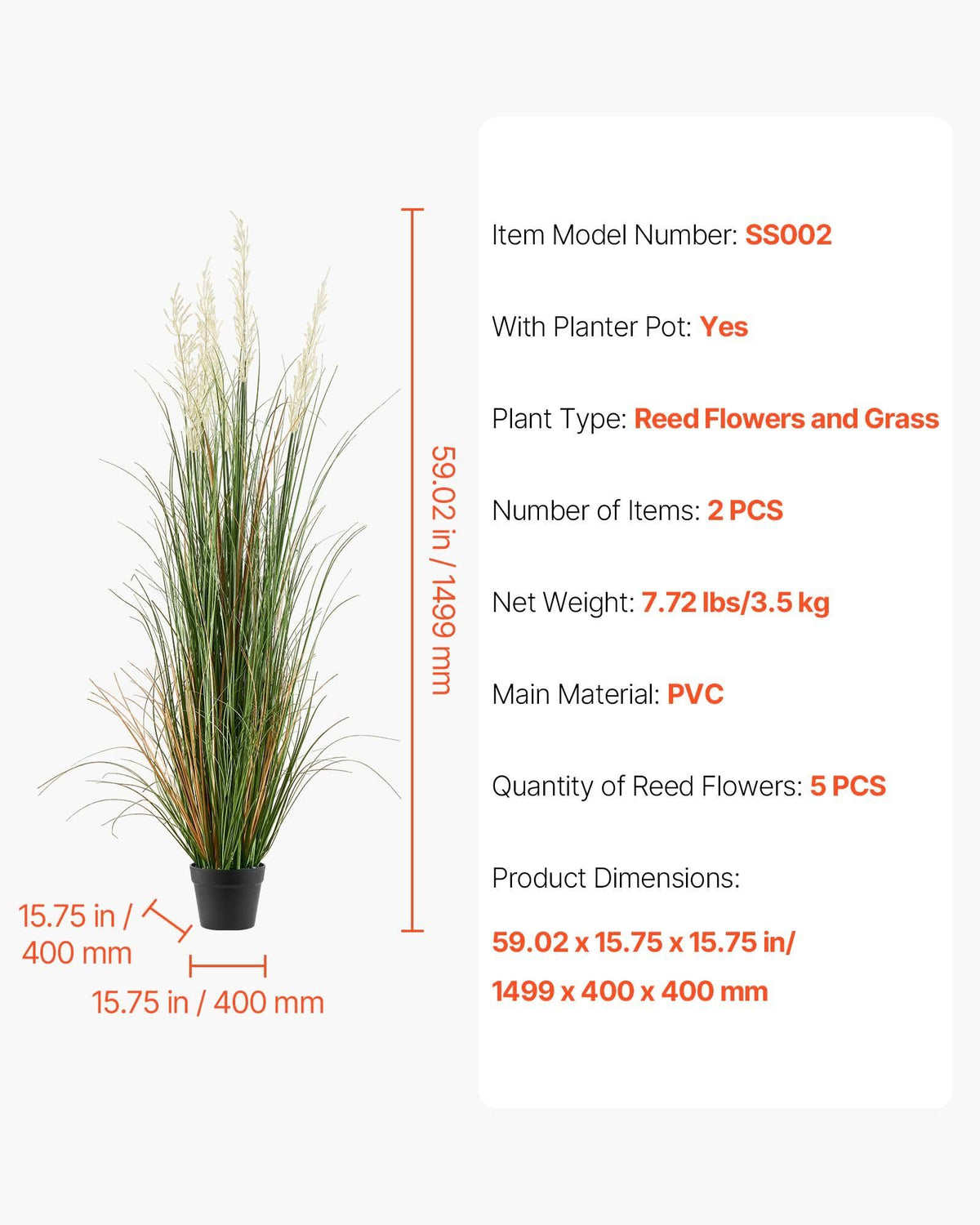 Artificial Grass Plant, 2 Pack 1499mm Faux Reed Flower Grass in Pot, Premium PVC Fake Greenery Shrubs Plant for Indoor Outdoor House Home Garden Office Room Décor, Housewarming, Green