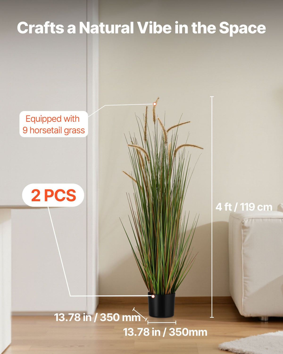 Artificial Grass Plant, 2 Pack 1194mm Horsetail Reed Grass in Pot, Premium PVC Faux Fake Greenery Shrubs Plant for Indoor Outdoor House Home Garden Office Room Décor, Housewarming, Green