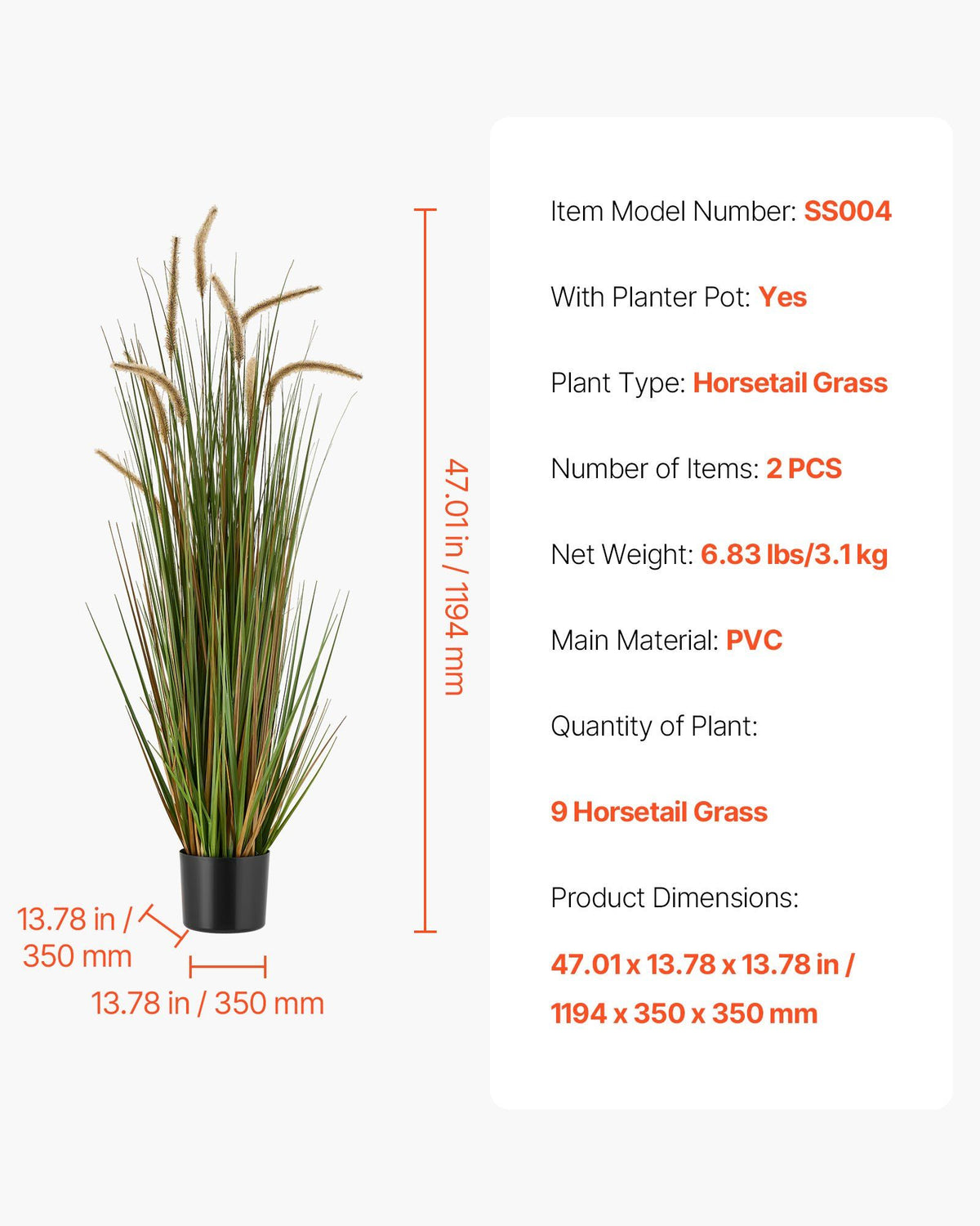 Artificial Grass Plant, 2 Pack 1194mm Horsetail Reed Grass in Pot, Premium PVC Faux Fake Greenery Shrubs Plant for Indoor Outdoor House Home Garden Office Room Décor, Housewarming, Green