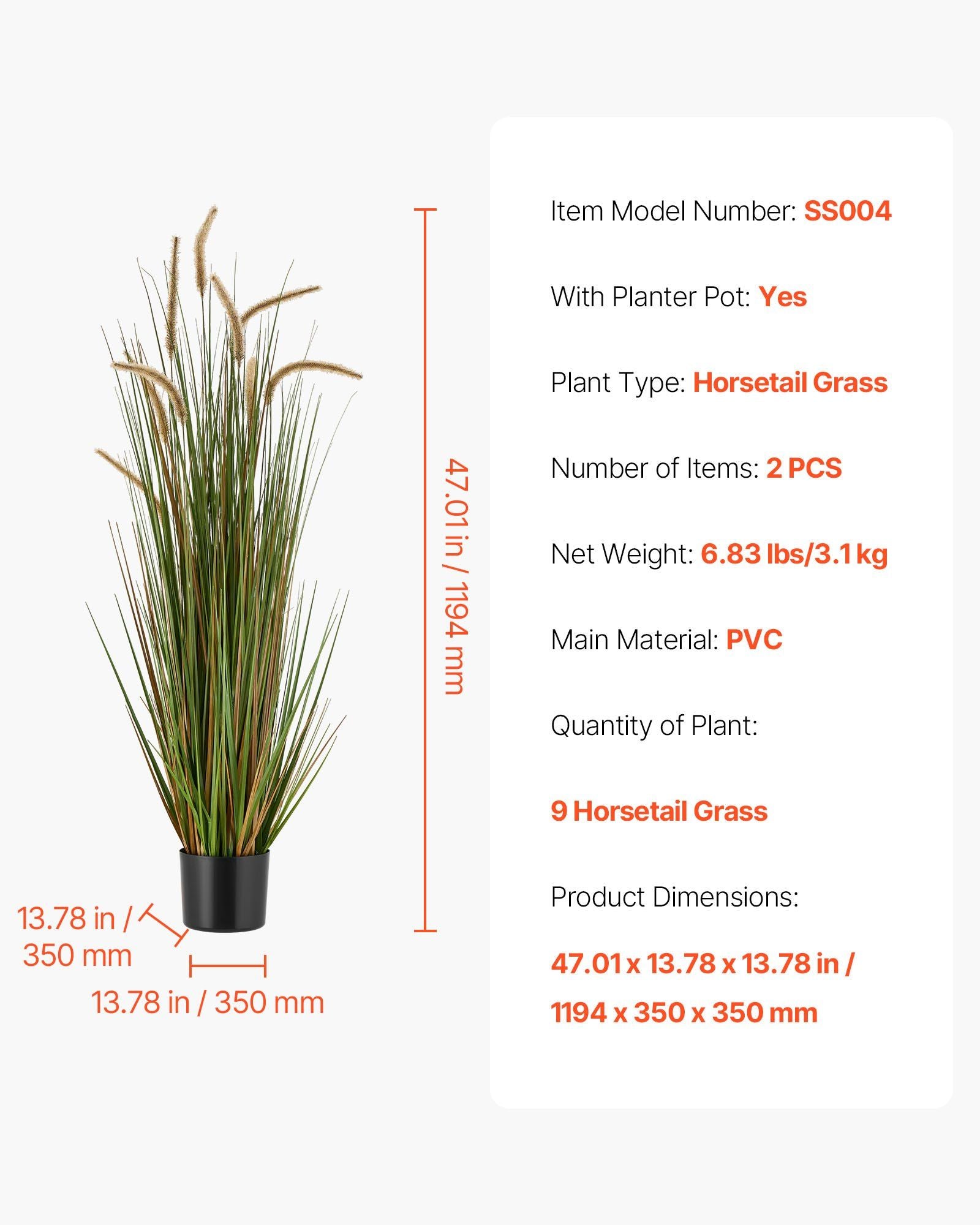 Artificial Grass Plant, 2 Pack 1194mm Horsetail Reed Grass in Pot, Premium PVC Faux Fake Greenery Shrubs Plant for Indoor Outdoor House Home Garden Office Room Décor, Housewarming, Green