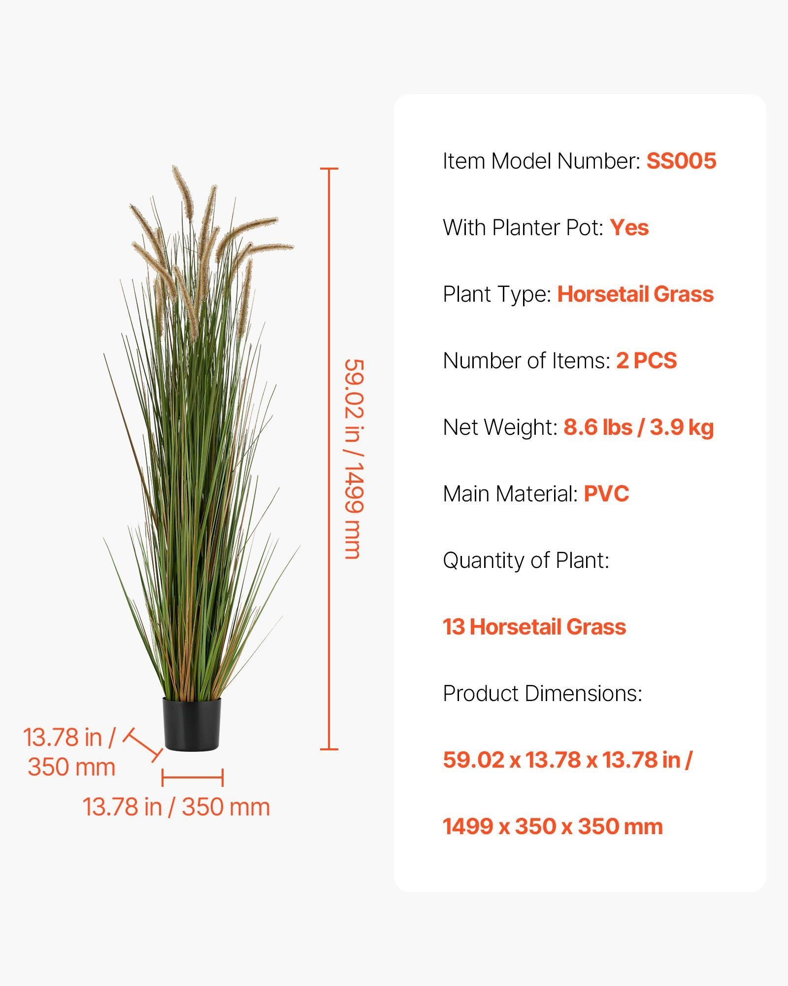 Artificial Grass Plant, 2 Pack 1499mm Horsetail Reed Grass in Pot, Premium PVC Faux Fake Greenery Shrubs Plant for Indoor Outdoor House Home Garden Office Room Décor, Housewarming, Green