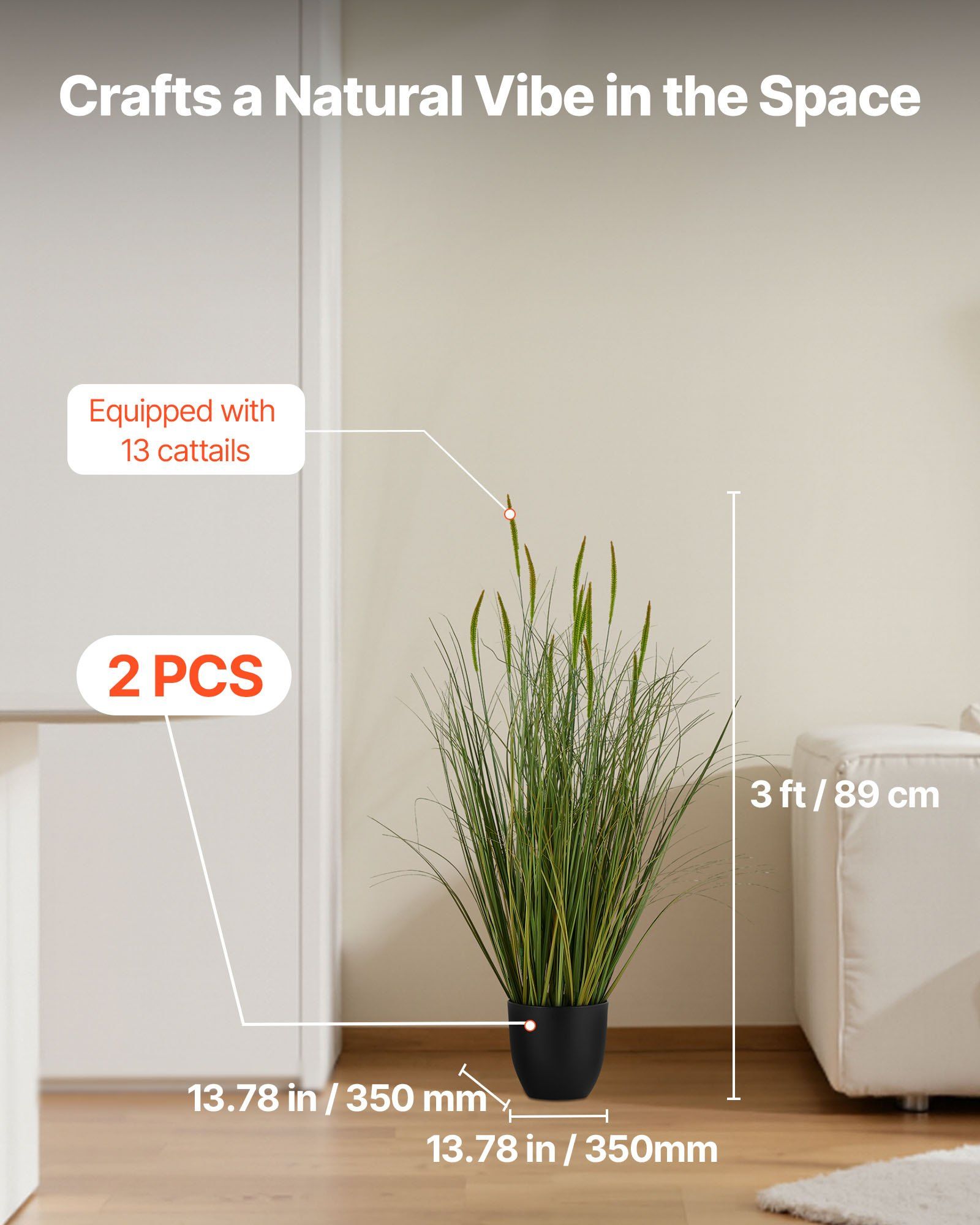 Artificial Grass Plant, 2 Pack 889mm Cattail Grass in Pot, Premium PVC Faux Fake Greenery Shrubs Plant for Indoor Outdoor House Home Garden Office Room Décor, Housewarming, Green