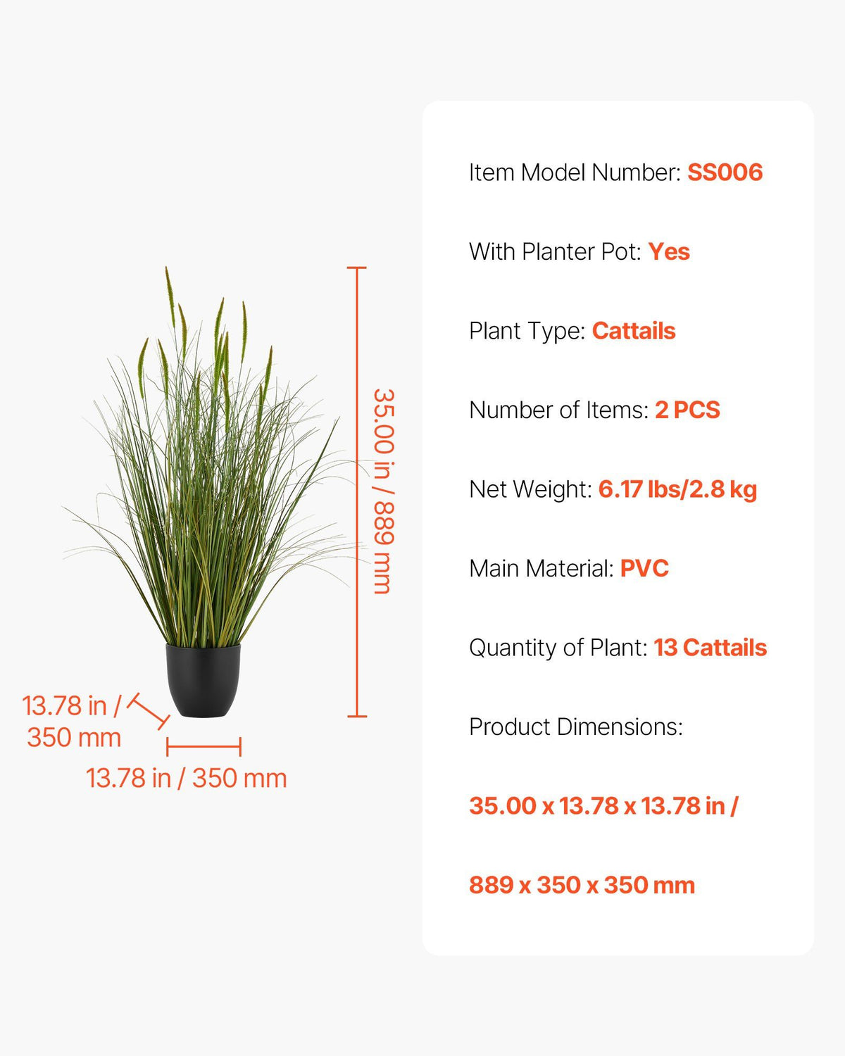 Artificial Grass Plant, 2 Pack 889mm Cattail Grass in Pot, Premium PVC Faux Fake Greenery Shrubs Plant for Indoor Outdoor House Home Garden Office Room Décor, Housewarming, Green