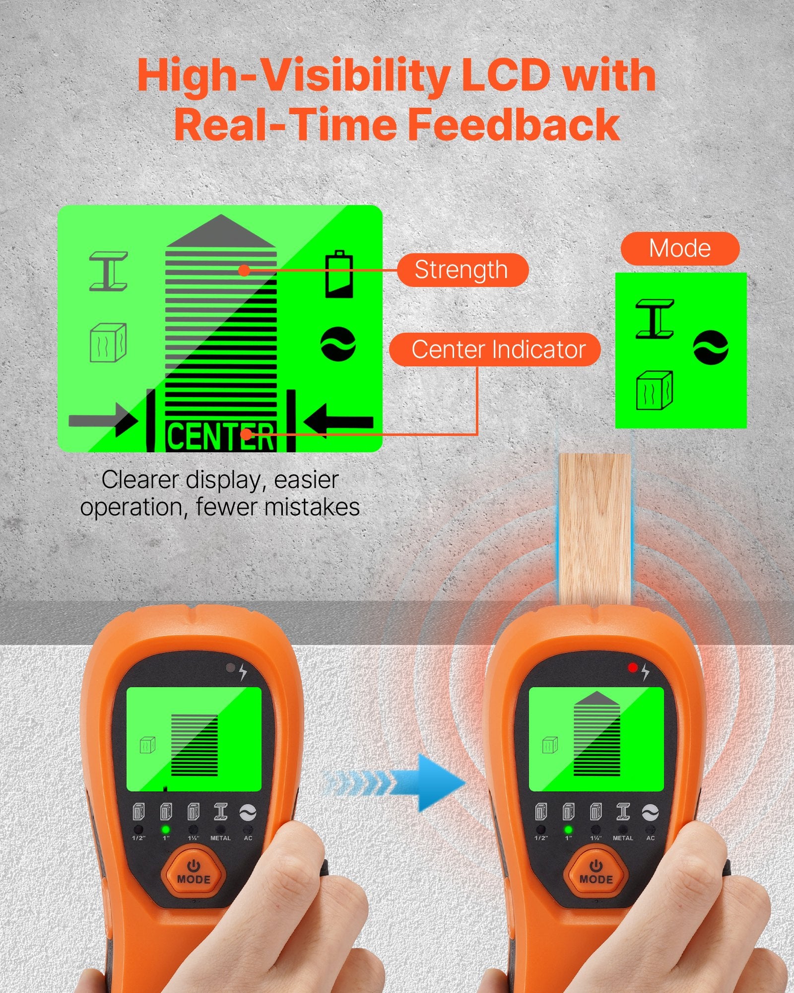 VEVOR Stud Finder Wall Scanner, 5 in 1, Electronic Wall Stud Detector with Smart Sensor, High-Definition LCD Display and Audio Alarm, for the Center and Edge of Metal, AC Wire, Joists, Pipes, Orange