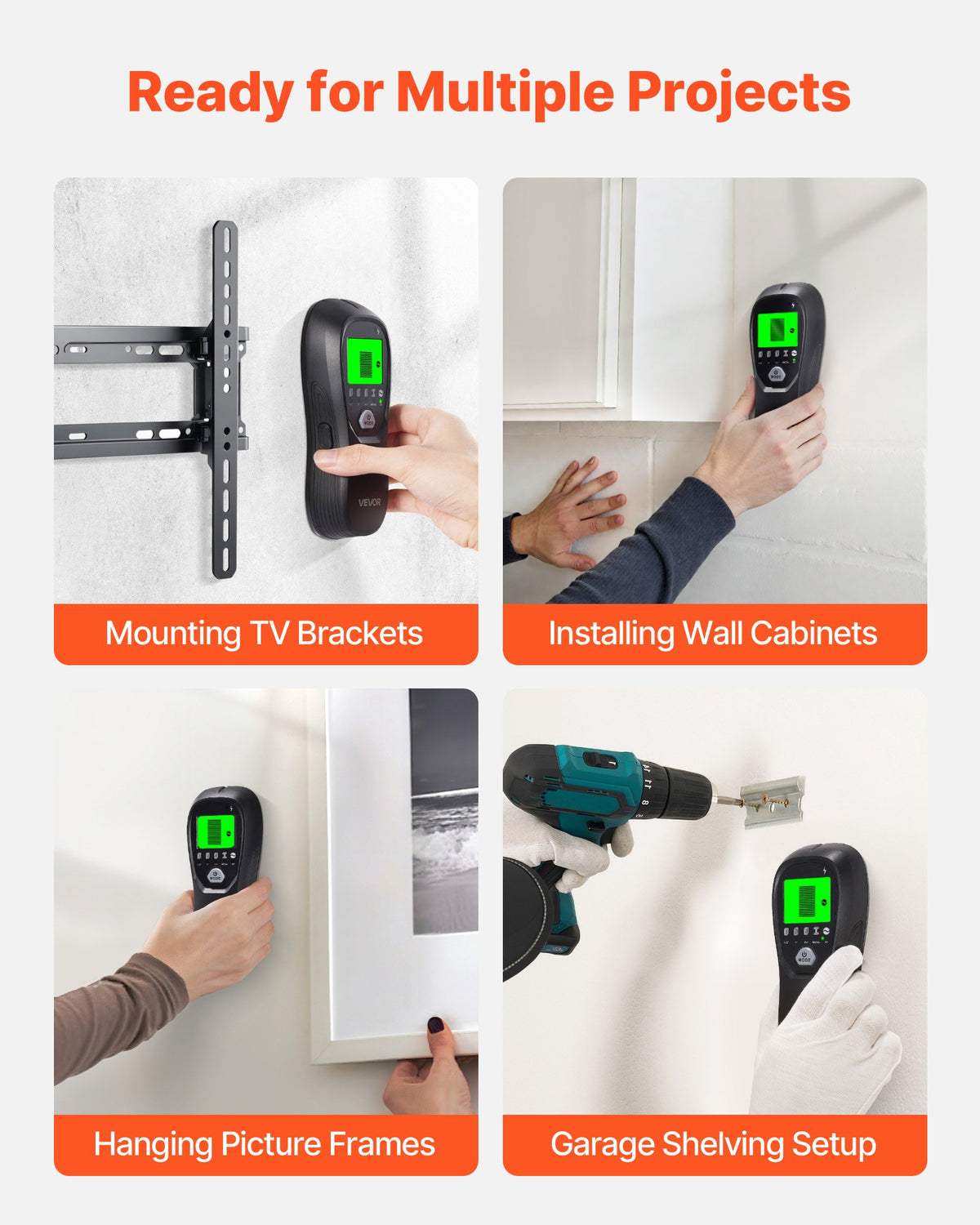 VEVOR Stud Finder Wall Scanner, 5 in 1, Electronic Wall Stud Detector with Smart Sensor, High-Definition LCD Display and Audio Alarm, for the Center and Edge of Metal, AC Wire, Joists, Pipes, Black