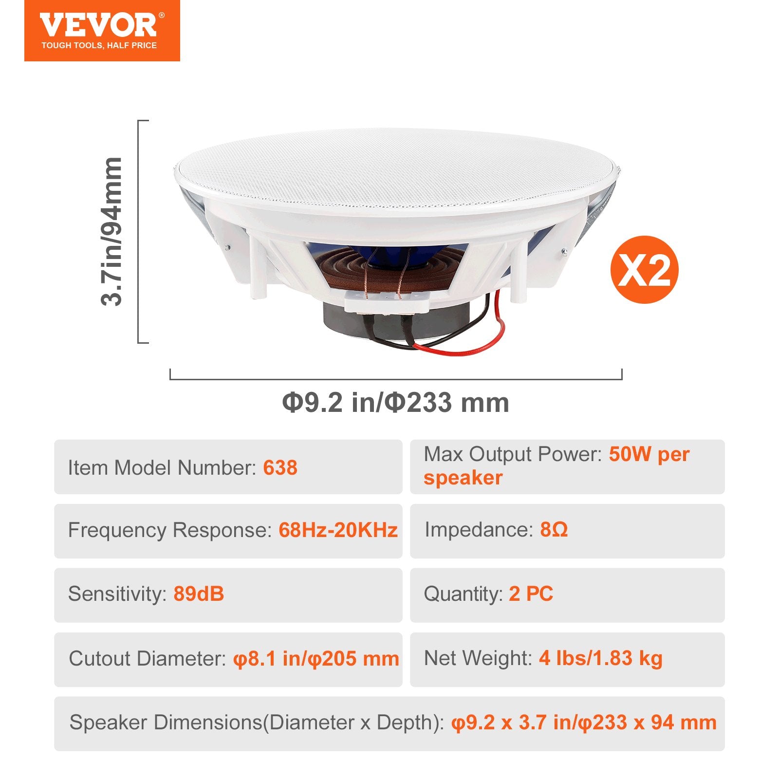 VEVOR 2 PCs 203.2 mm in Ceiling Speakers, 50-Watts, Flush Mount Ceiling & in-Wall Speakers System with Impedance 89dB Sensitivity, for Home Kitchen Living Room Bedroom or Covered Outdoor Porches