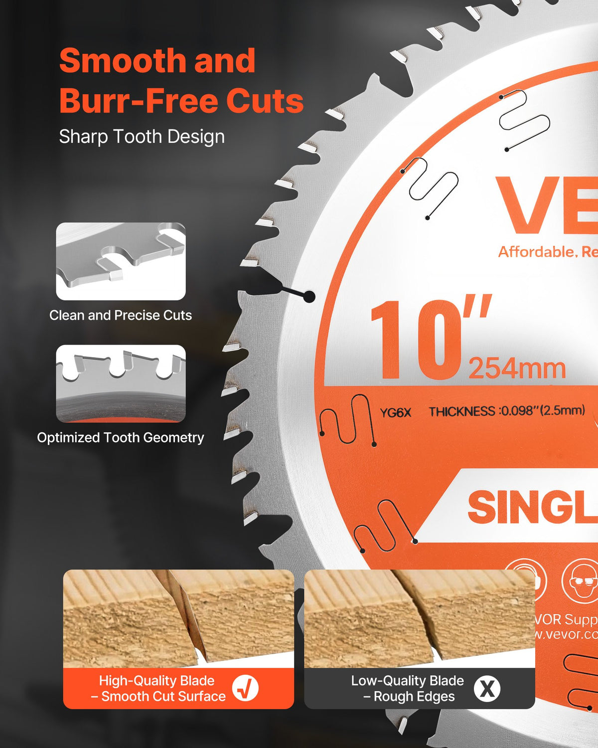 VEVOR Circular Saw Blade, 254 mm Diameter, 50 Sharp Alloy Teeth, 15.875 mm Arbor, Fine Finish, Wood Cutting Blade for Circular Saw, with Noise-Reducing Heat Vents, for Cutting Plywood, OSB, Hardwood