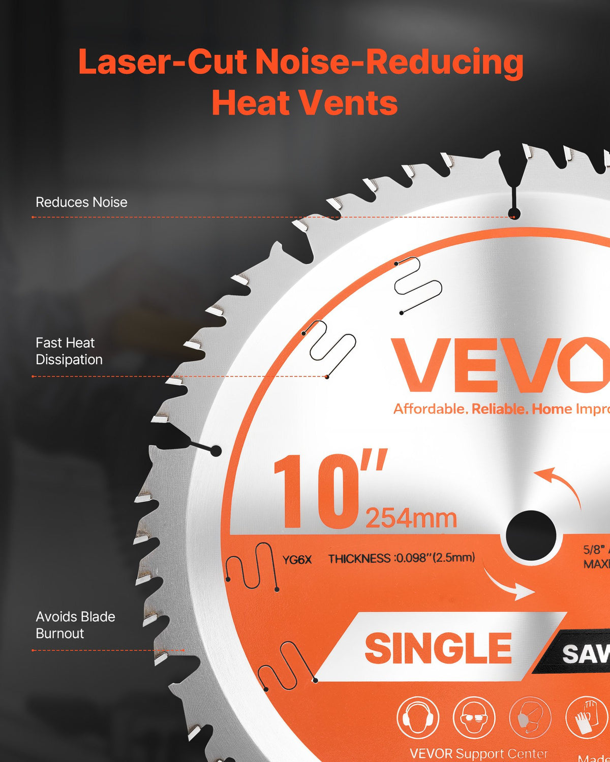 VEVOR Circular Saw Blade, 254 mm Diameter, 50 Sharp Alloy Teeth, 15.875 mm Arbor, Fine Finish, Wood Cutting Blade for Circular Saw, with Noise-Reducing Heat Vents, for Cutting Plywood, OSB, Hardwood