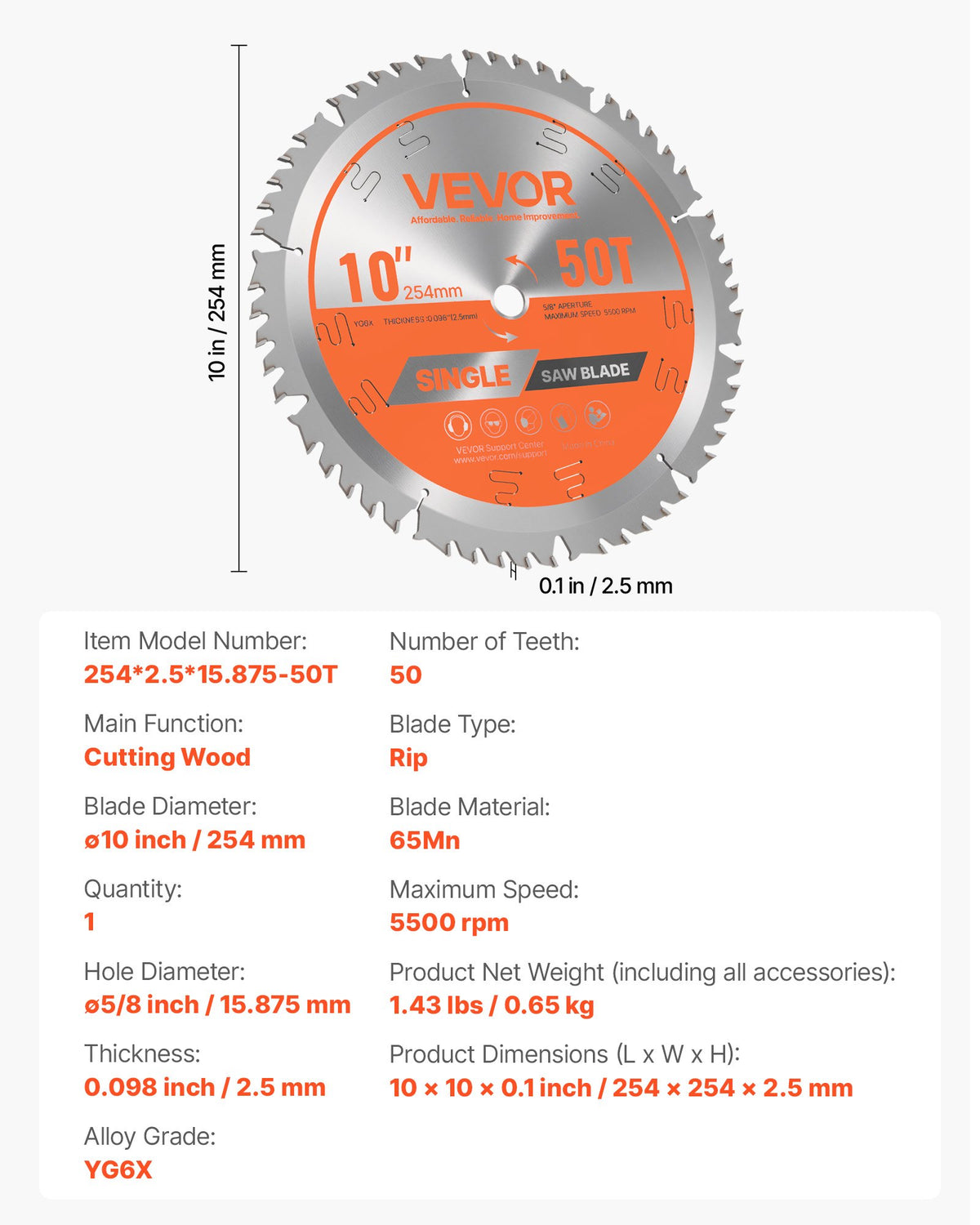 VEVOR Circular Saw Blade, 254 mm Diameter, 50 Sharp Alloy Teeth, 15.875 mm Arbor, Fine Finish, Wood Cutting Blade for Circular Saw, with Noise-Reducing Heat Vents, for Cutting Plywood, OSB, Hardwood