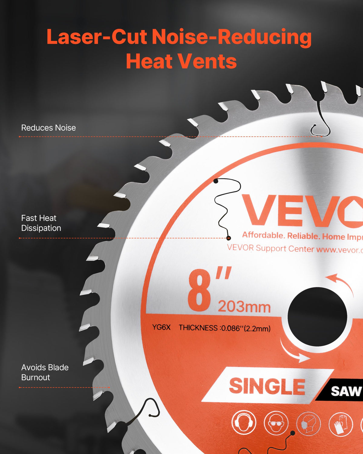 VEVOR Circular Saw Blade, 203 mm Diameter, 42 Sharp Alloy Teeth, 25.4mm Arbor, Fine Finish, Wood Cutting Blade for Circular Saw, with Noise-Reducing Heat Vents, for Cutting Plywood, OSB, and Hardwood
