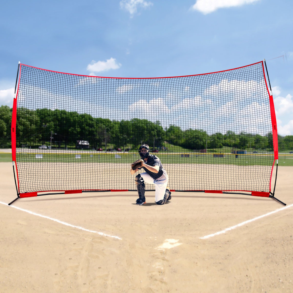 VEVOR Barricade Backstop Net, 16x10 ft Ball Sports Barrier Netting, Portable Practice Equipment with Carry Bag, Protection Screen for Baseball Softball Lacrosse Soccer Hockey Training, for Backyard