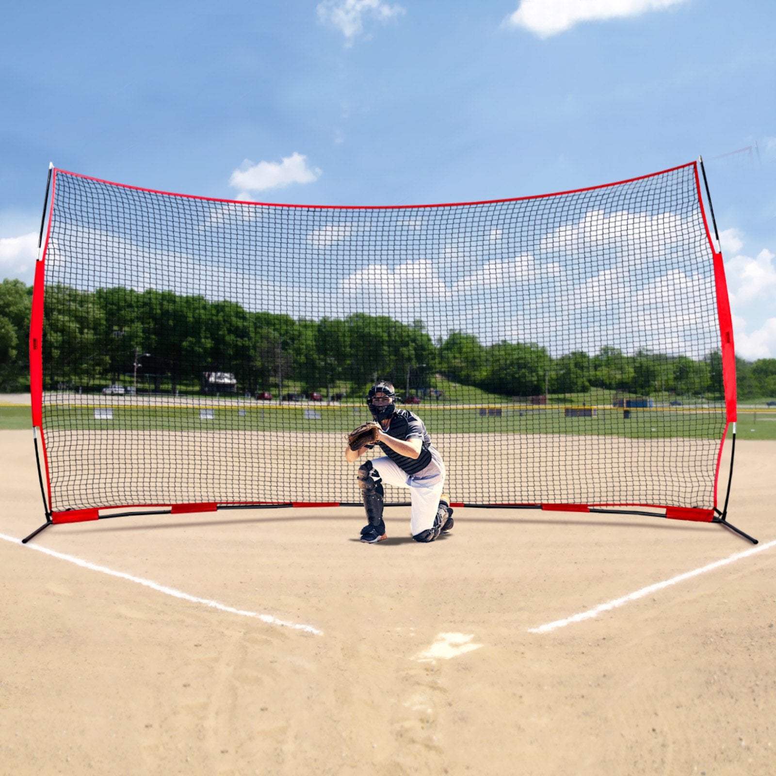 VEVOR Barricade Backstop Net, 16x10 ft Ball Sports Barrier Netting, Portable Practice Equipment with Carry Bag, Protection Screen for Baseball Softball Lacrosse Soccer Hockey Training, for Backyard