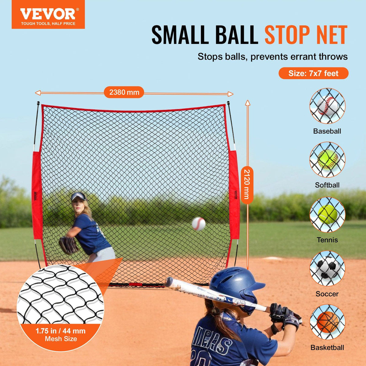 Barricade Backstop Net, 7x7 ft Ball Sports Barrier Netting, Portable Practice Equipment with Carry Bag, Protection Screen for Baseball Softball Lacrosse Soccer Hockey Training, for Backyard