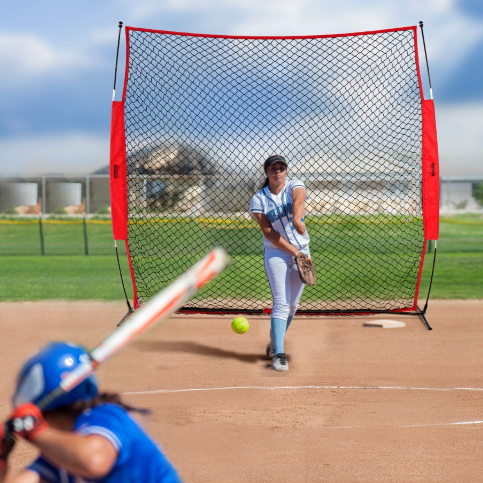 Barricade Backstop Net, 7x7 ft Ball Sports Barrier Netting, Portable Practice Equipment with Carry Bag, Protection Screen for Baseball Softball Lacrosse Soccer Hockey Training, for Backyard
