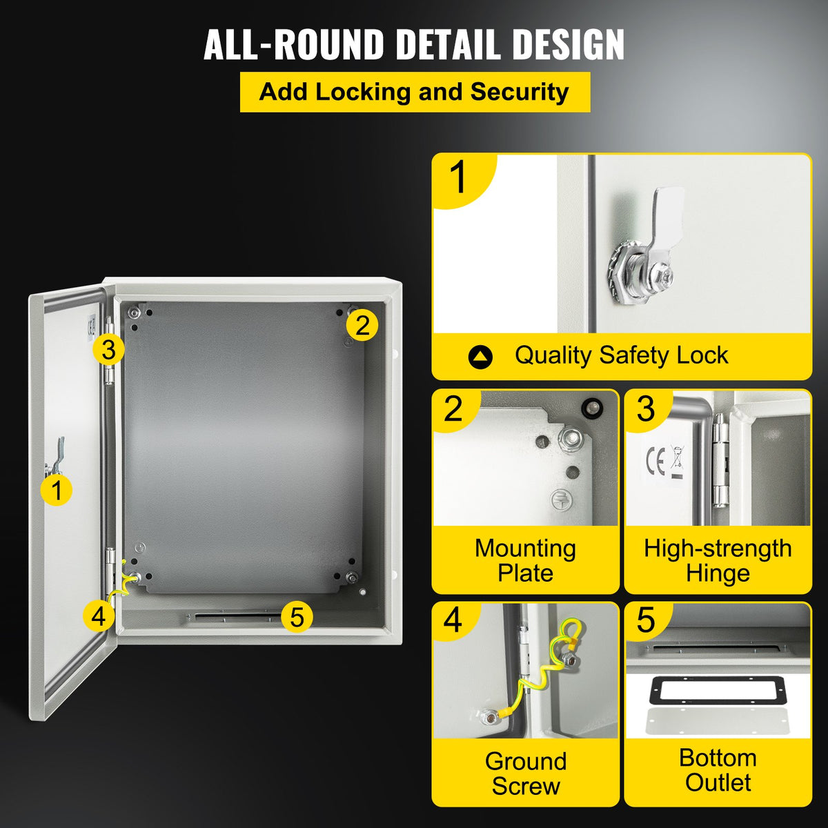 VEVOR NEMA Steel Enclosure, 25 x 20 x 15 cm NEMA 4X Steel Electrical Box, IP66 Waterproof & Dustproof, Outdoor/Indoor Electrical Junction Box, with Mounting Plate